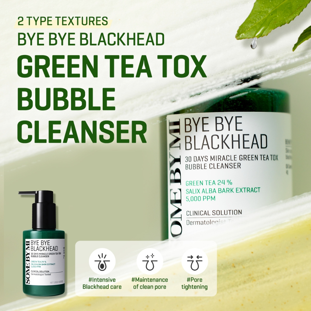 SOME BY MI Bye Bye Blackhead 30 Days Miracle Green Tea Tox Bubble Cleanser 120g pore care bubble cleanser with green tea and natural BHA helping remove blackheads unclog pores and refresh skin daily. - View 2 of 3