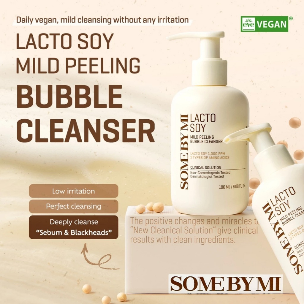 SOME BY MI Lacto Soy Mild Peeling Bubble Cleanser 180ml gentle exfoliating facial cleanser with Lacto and Soy extracts helping remove dead skin cells impurities and excess oil while smoothing and hydrating skin daily. - View 2 of 3