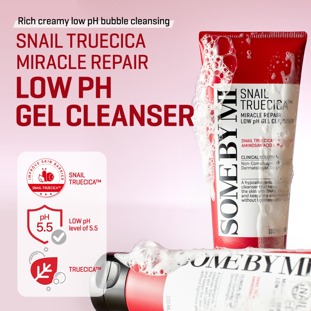 SOME BY MI Snail Truecica Miracle Repair Low pH Gel Cleanser 100ml gentle facial gel cleanser with Snail Mucin and Truecica helping repair skin soothe irritation maintain low pH balance and cleanse mildly daily. - View 2 of 3