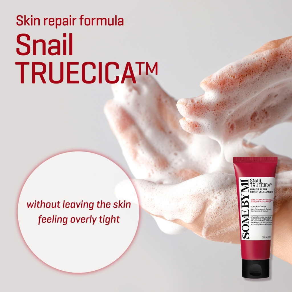 SOME BY MI Snail Truecica Miracle Repair Low pH Gel Cleanser 100ml gentle facial gel cleanser with Snail Mucin and Truecica helping repair skin soothe irritation maintain low pH balance and cleanse mildly daily. - View 3 of 3