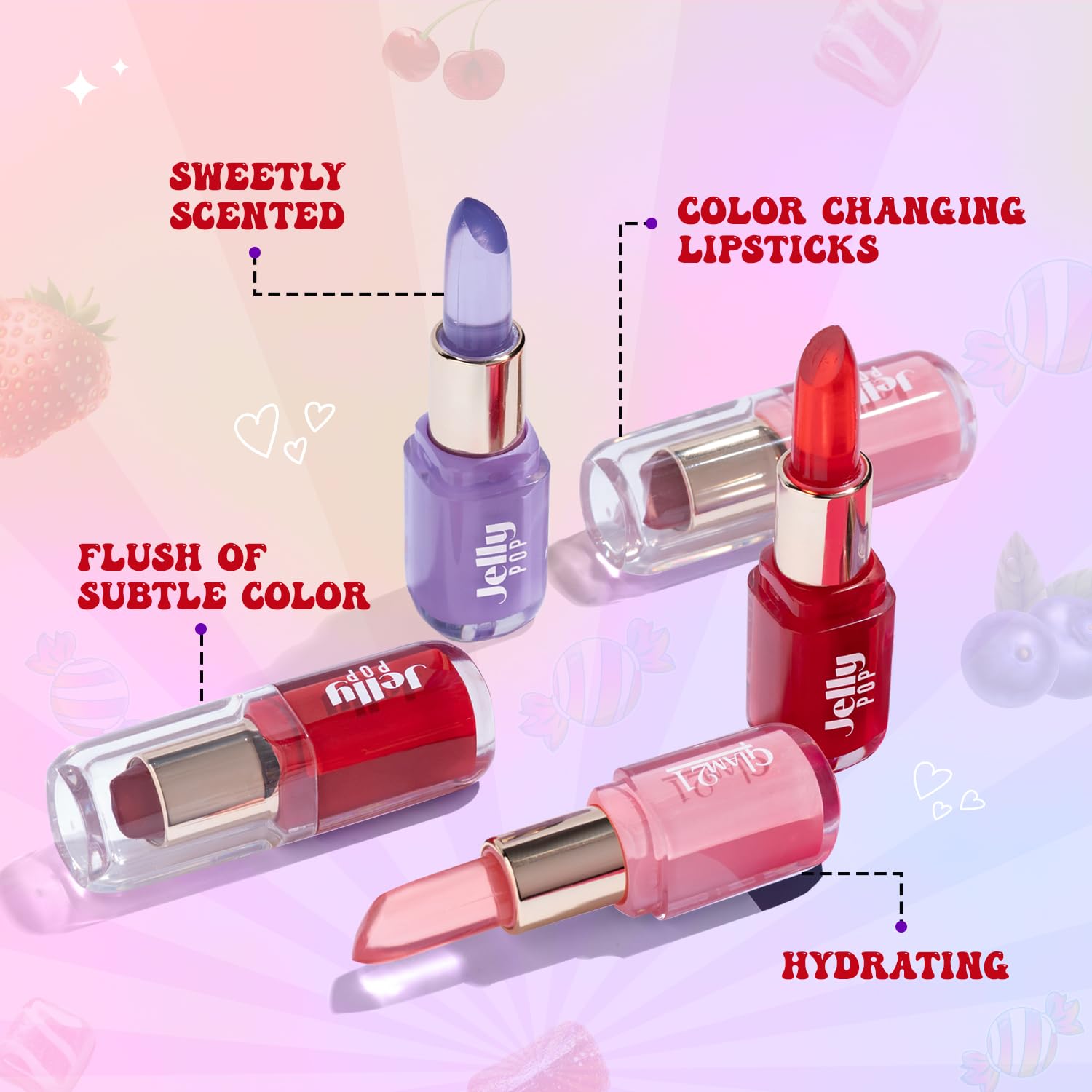 Glam 21 Jelly Pop Fruity Gel Lipstick| Moisturising | Glossy Finish | Gives A Natural Colour | Lightweight | Cranberry Pink, Strawberry Red & Blueberry Purple - Pack Of 3 - View 4 of 8
