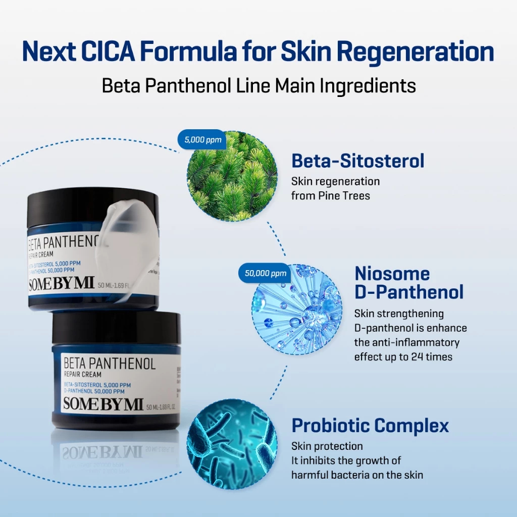 SOME BY MI Beta-Panthenol Repair Cream 50ml skin barrier care moisturizing cream with Beta-Panthenol complex helping soothe irritation control oil balance and repair sensitive dry acne-prone skin for healthier skin daily use. - View 3 of 3