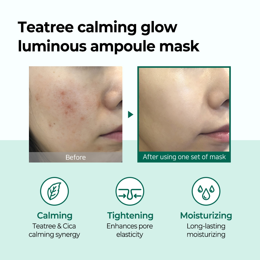 SOME BY MI Tea Tree Calming Glow Luminous Ampoule Mask Sheet 1ea soothing facial mask with Tea Tree extract helping calm irritation control excess oil hydrate skin and enhance natural radiant glow instantly. - View 2 of 3