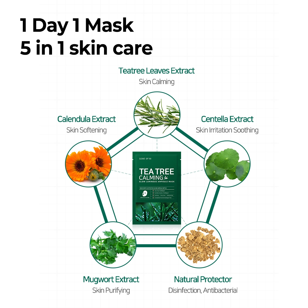 SOME BY MI Tea Tree Calming Glow Luminous Ampoule Mask Sheet 1ea soothing facial mask with Tea Tree extract helping calm irritation control excess oil hydrate skin and enhance natural radiant glow instantly. - View 3 of 3
