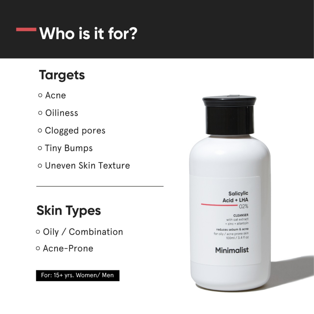 Minimalist 2% Salicylic Acid + LHA Cleanser for Oily Acne-Prone Skin 100ml gentle non-drying face wash with BHA and LHA helping control oil unclog pores and reduce acne breakouts daily use. - View 2 of 3