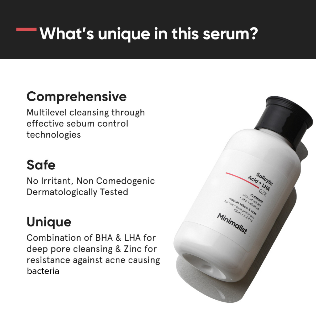 Minimalist 2% Salicylic Acid + LHA Cleanser for Oily Acne-Prone Skin 100ml gentle non-drying face wash with BHA and LHA helping control oil unclog pores and reduce acne breakouts daily use. - View 3 of 3