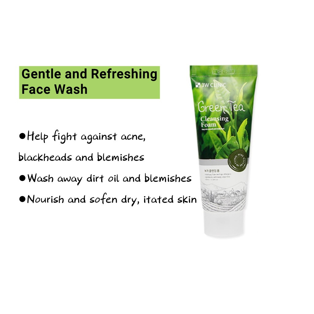 3W CLINIC Green Tea Acne Prevent Cleansing Foam 100ml gentle facial cleanser with Green Tea extract helping remove impurities control excess oil soothe skin and support clearer healthier-looking acne-prone complexion daily use. - View 2 of 3