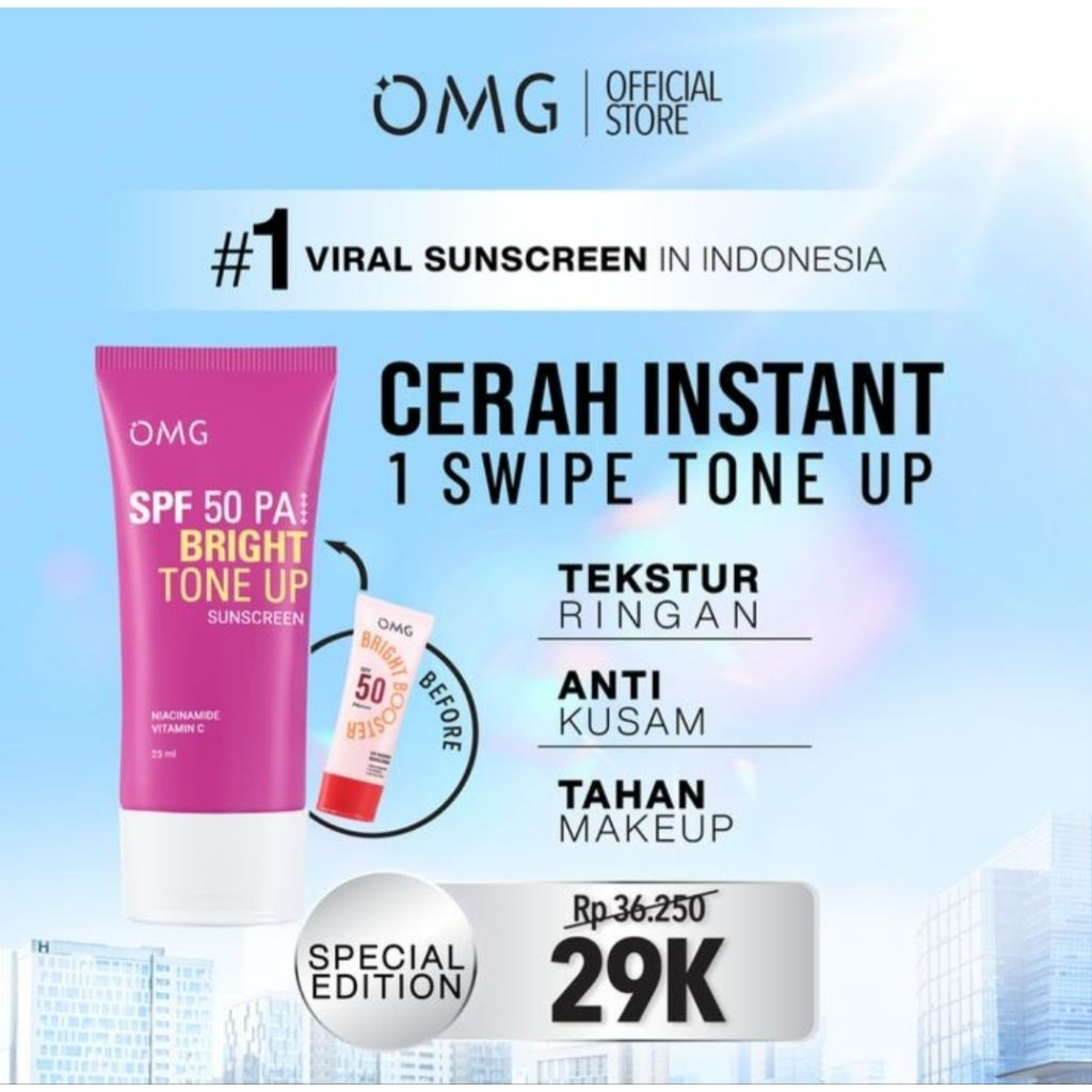 OMG Oh My Glow Bright Tone Up UV Barrier Sustainable SPF50 PA++++ 25ml lightweight tone-up sunscreen helping brighten skin protect against UV rays and provide hydrated radiant daily sun protection care. - View 2 of 3