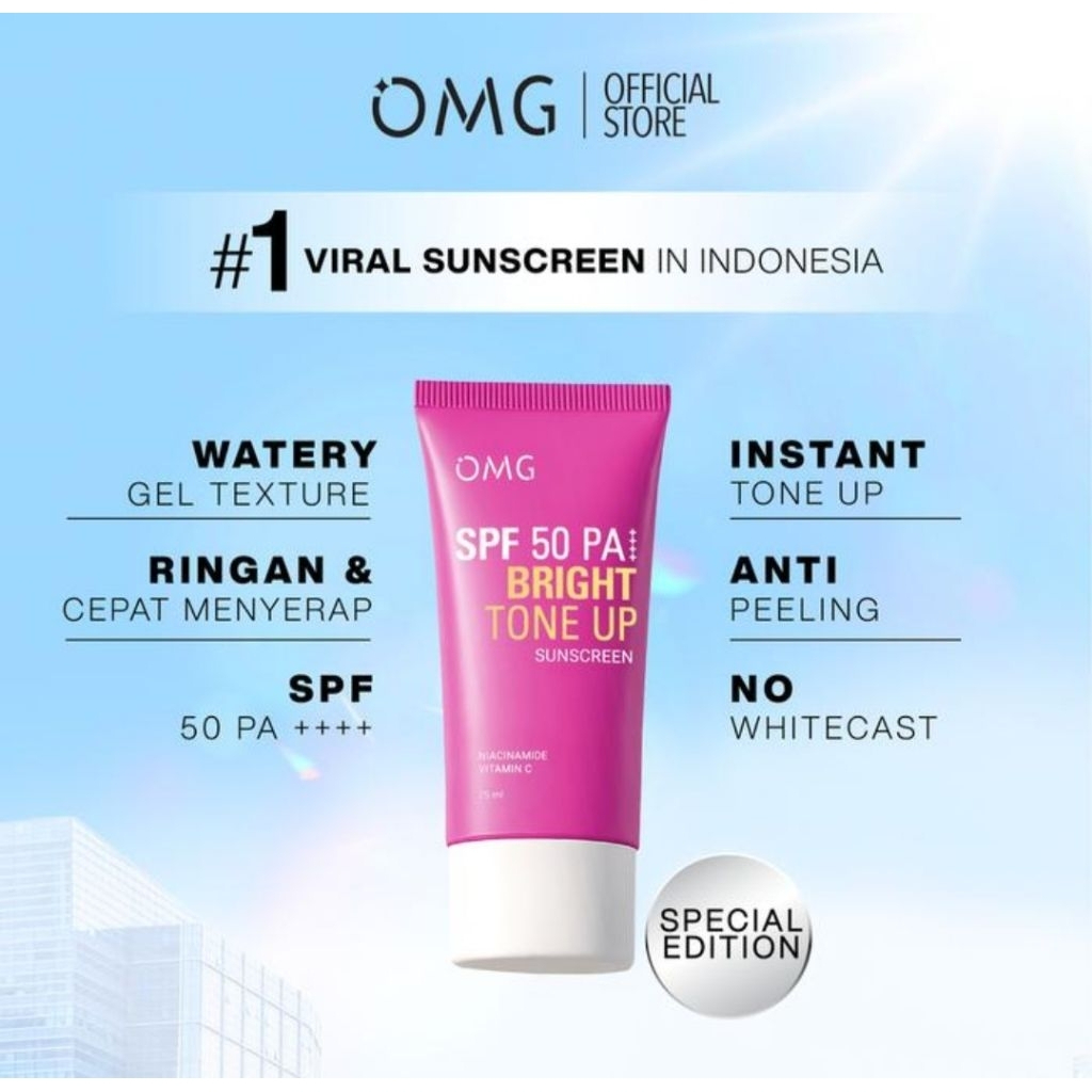 OMG Oh My Glow Bright Tone Up UV Barrier Sustainable SPF50 PA++++ 25ml lightweight tone-up sunscreen helping brighten skin protect against UV rays and provide hydrated radiant daily sun protection care. - View 3 of 3