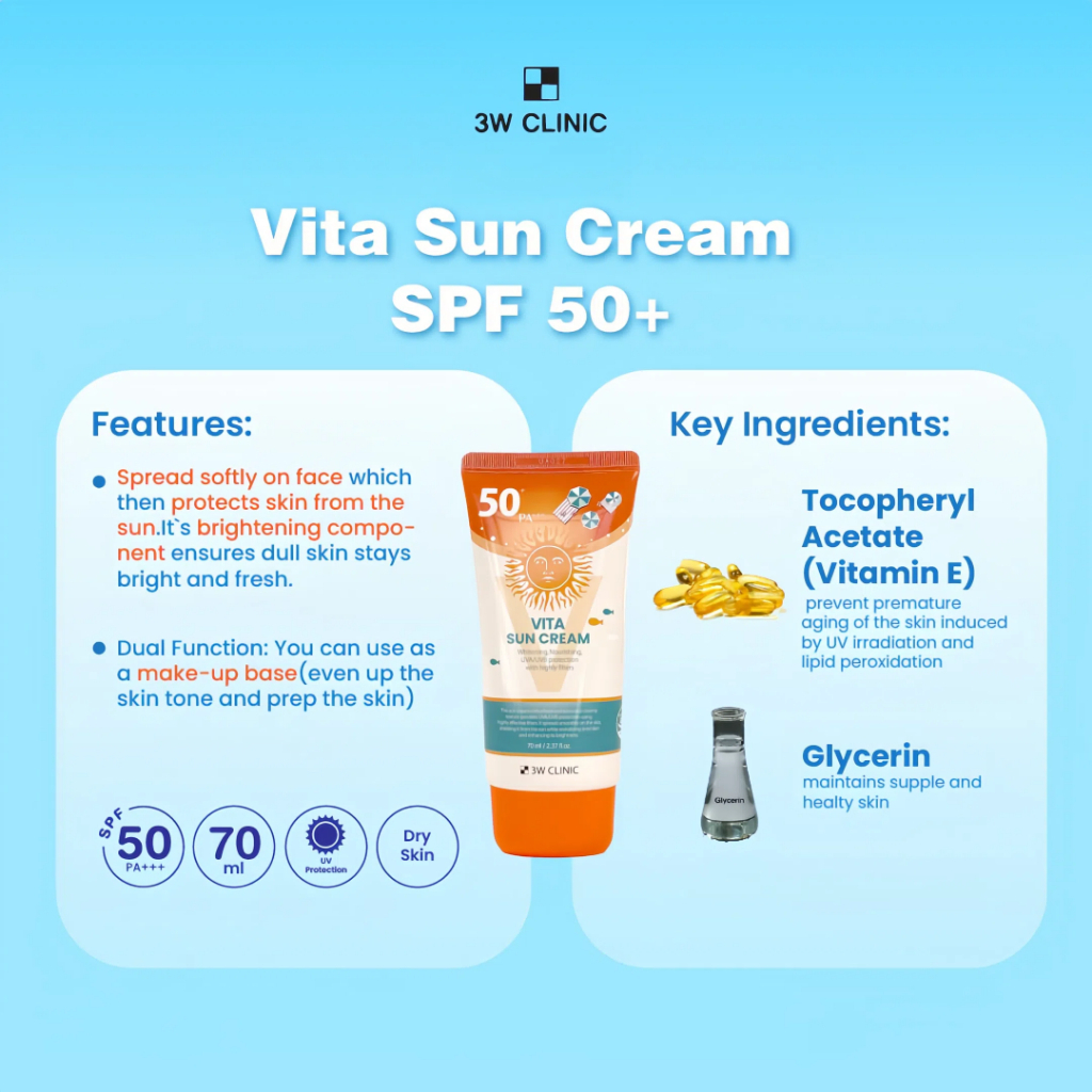 3W CLINIC Vita Moist Natural Sun Block Brightening Sunscreen SPF50+ PA+++ 70ml moisturizing UV protection sun cream helping brighten skin hydrate and protect against sun damage for daily comfortable sun care use. - View 2 of 3