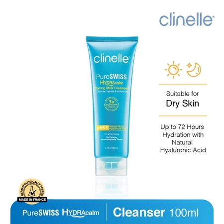 CLINELLE Pureswiss Hydracalm Caring Milk Cleanser Pre-Cleanse Facial Cleanser for Removing Impurities, Hydrating Dry Skin and Gentle Daily Moisture Care 100ml - View 2 of 3
