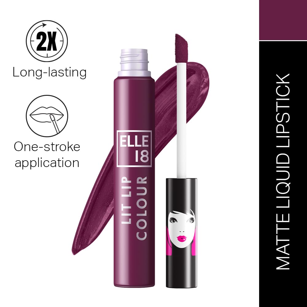 Elle 18 Lit Lip, Matte Finish, Sangria Blanca, 16 hrs Long Lasting Liquid Lipstick, Smudge and Transfer Proof Lipstick, One-stroke application, Quick Drying | 5.6 ml - View 2 of 9