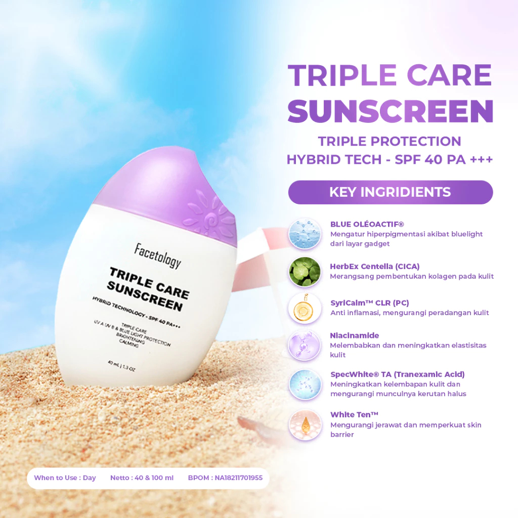 FACETOLOGY Triple Care Sunscreen SPF40 PA+++ Lightweight Daily UV Protection Moisturizing Sun Cream for Normal Skin Face Care 40ml - View 3 of 3