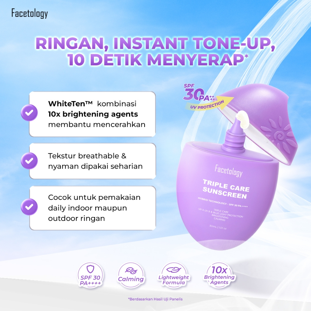 FACETOLOGY Triple Care Sunscreen SPF30 PA++++ Lightweight Hydrating Daily Sun Protection Face Sunscreen for Sensitive and Acne-Prone Skin 30ml - View 2 of 3