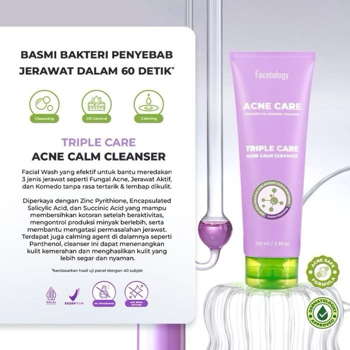 FACETOLOGY Triple Care Acne Calm Cleanser Acne Face Wash Gentle Soothing Facial Cleanser for Oily and Acne-Prone Skin Deep Cleansing Care 100ml - View 3 of 3