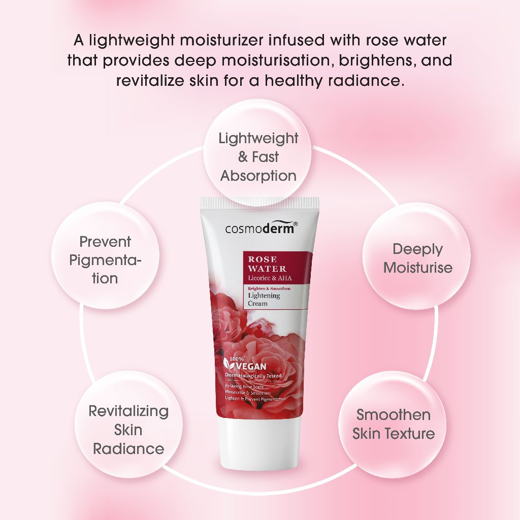 COSMODERM Rose Water Lightening Cream Brightening Moisturizer for Skin Hydration, Pore Tightening and Smooth Radiant Complexion with AHA Pore Care 50ml - View 2 of 3