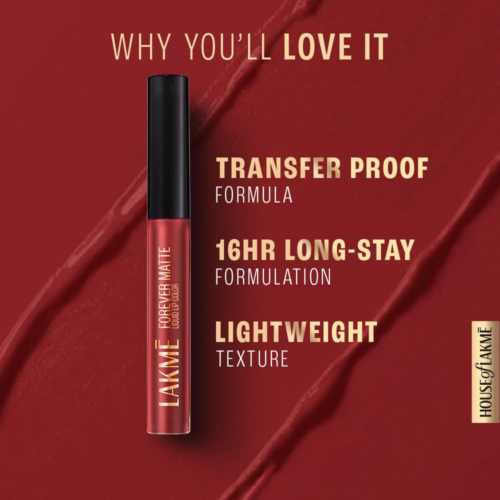 LAKMÉ LAKM Lakme Forever Matte Liquid Lip Colour, Long-Lasting Lipstick, Lightweight & Transferproof, Smudgeproof - Red Wine, 5.6ml | 6Ml - View 4 of 8