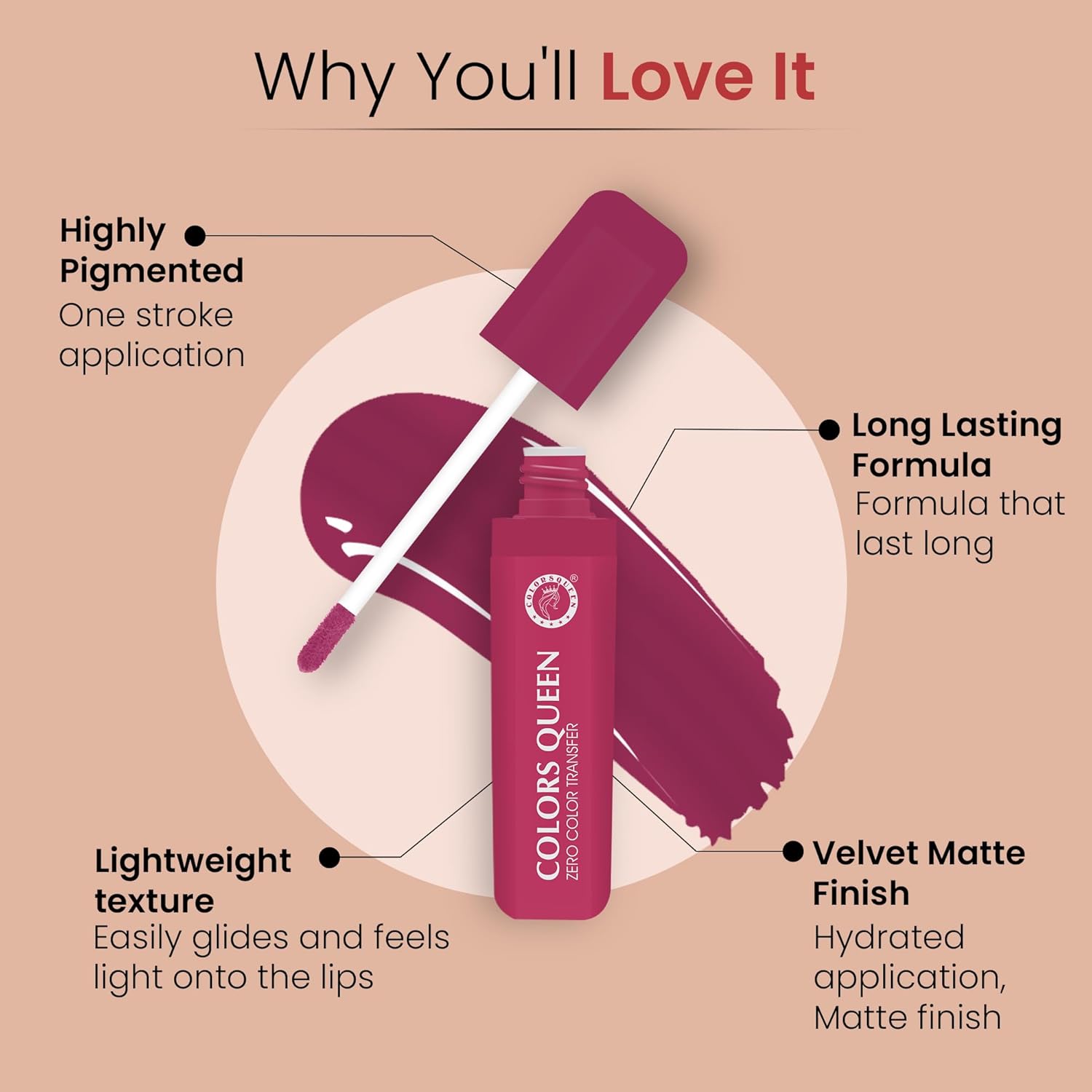 Colors Queen Zero Color Transfer Liquid Lipstick | Highly Pigmented, Long Lasting Liquid Lipstick Waterproof | Smooth One Swipe Application, Lightweight Matte Lipstick for Women (Fall in Love, 8g) - View 4 of 4