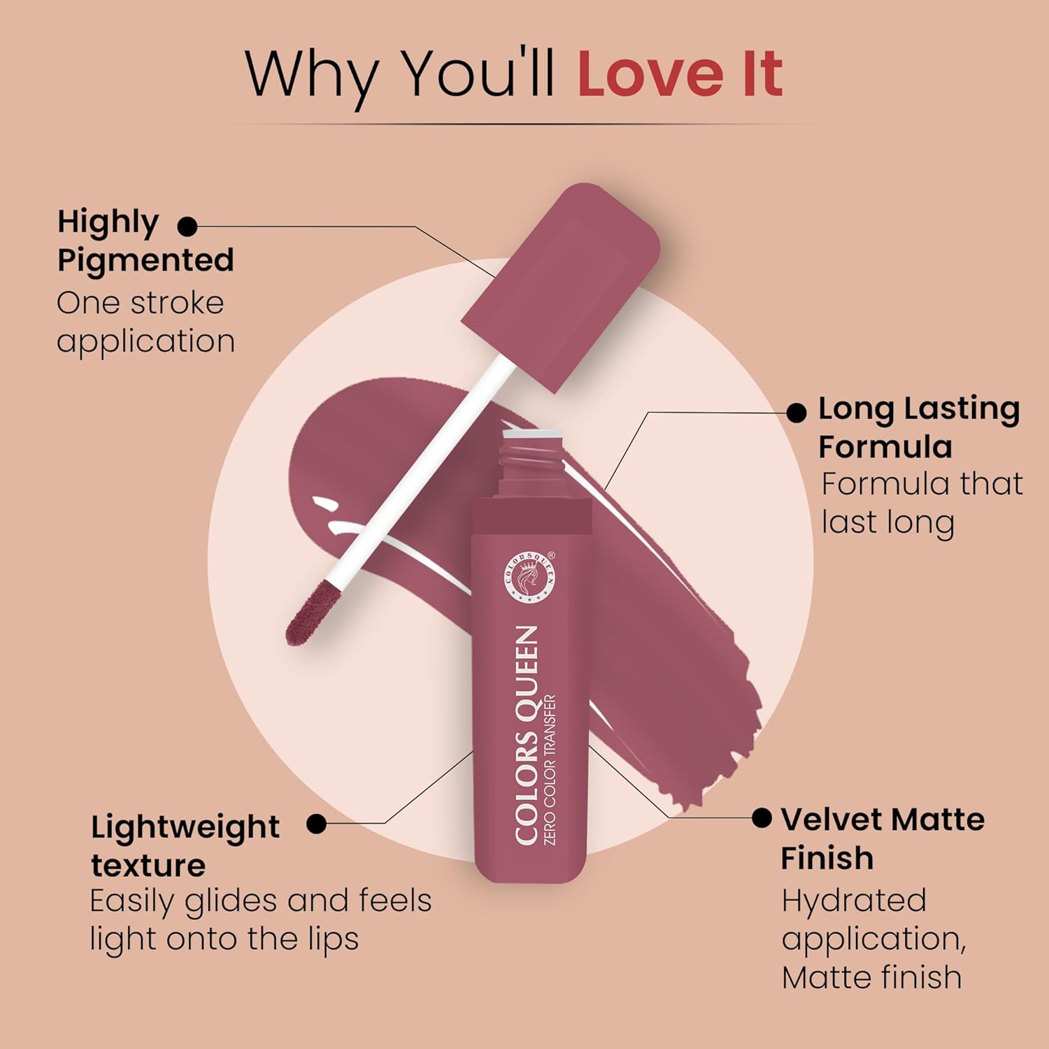 Colors Queen Zero Color Transfer Liquid Lipstick | Highly Pigmented, Long Lasting Liquid Lipstick Waterproof | Smooth One Swipe Application, Lightweight Matte Lipstick for Women (Ruby True, 8g) - View 4 of 4