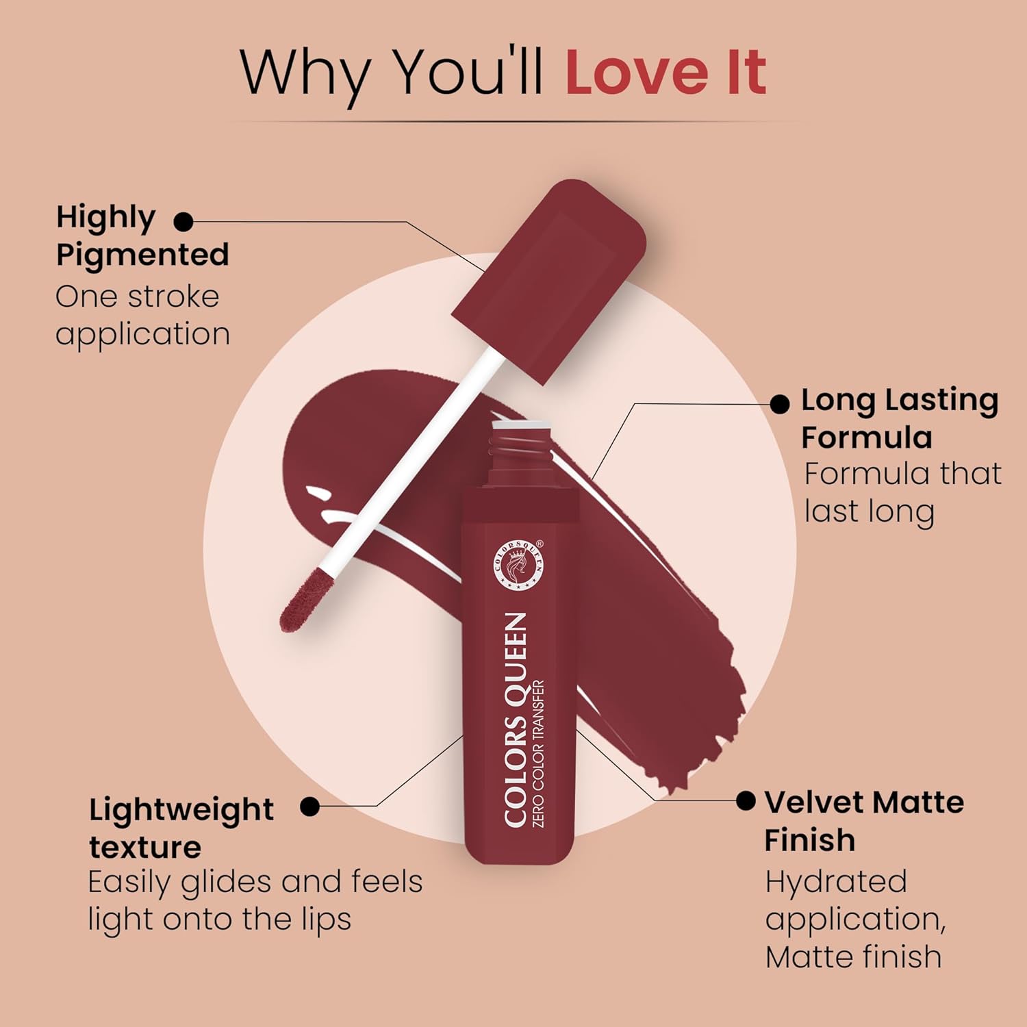 Colors Queen Zero Color Transfer Liquid Lipstick | Highly Pigmented, Long Lasting Liquid Lipstick Waterproof | Smooth One Swipe Application, Lightweight Matte Lipstick for Women (Captive, 8g) - View 4 of 4