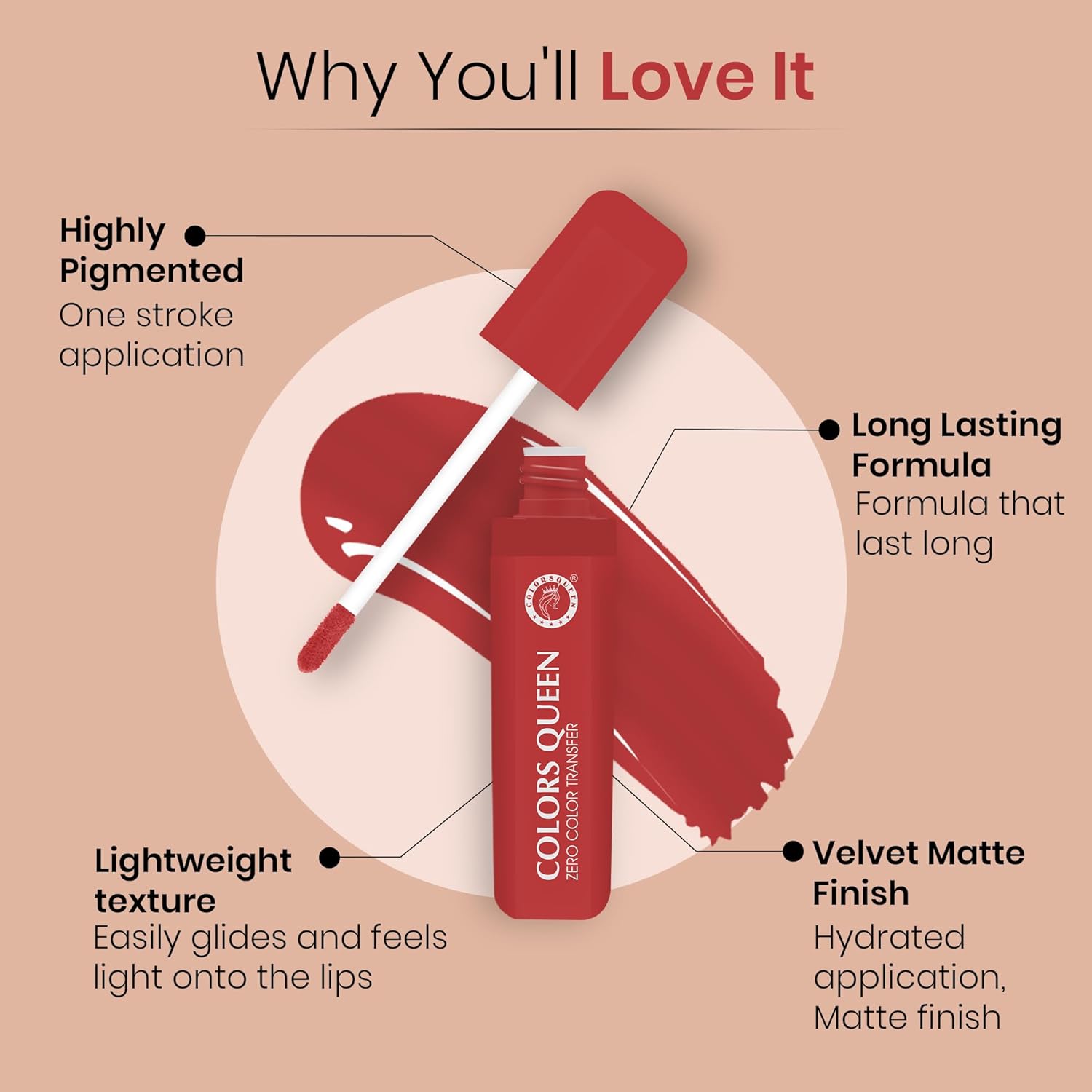 Colors Queen Zero Color Transfer Liquid Lipstick | Highly Pigmented, Long Lasting Liquid Lipstick Waterproof | Smooth One Swipe Application, Lightweight Matte Lipstick for Women (Red Boost, 8g) - View 4 of 4