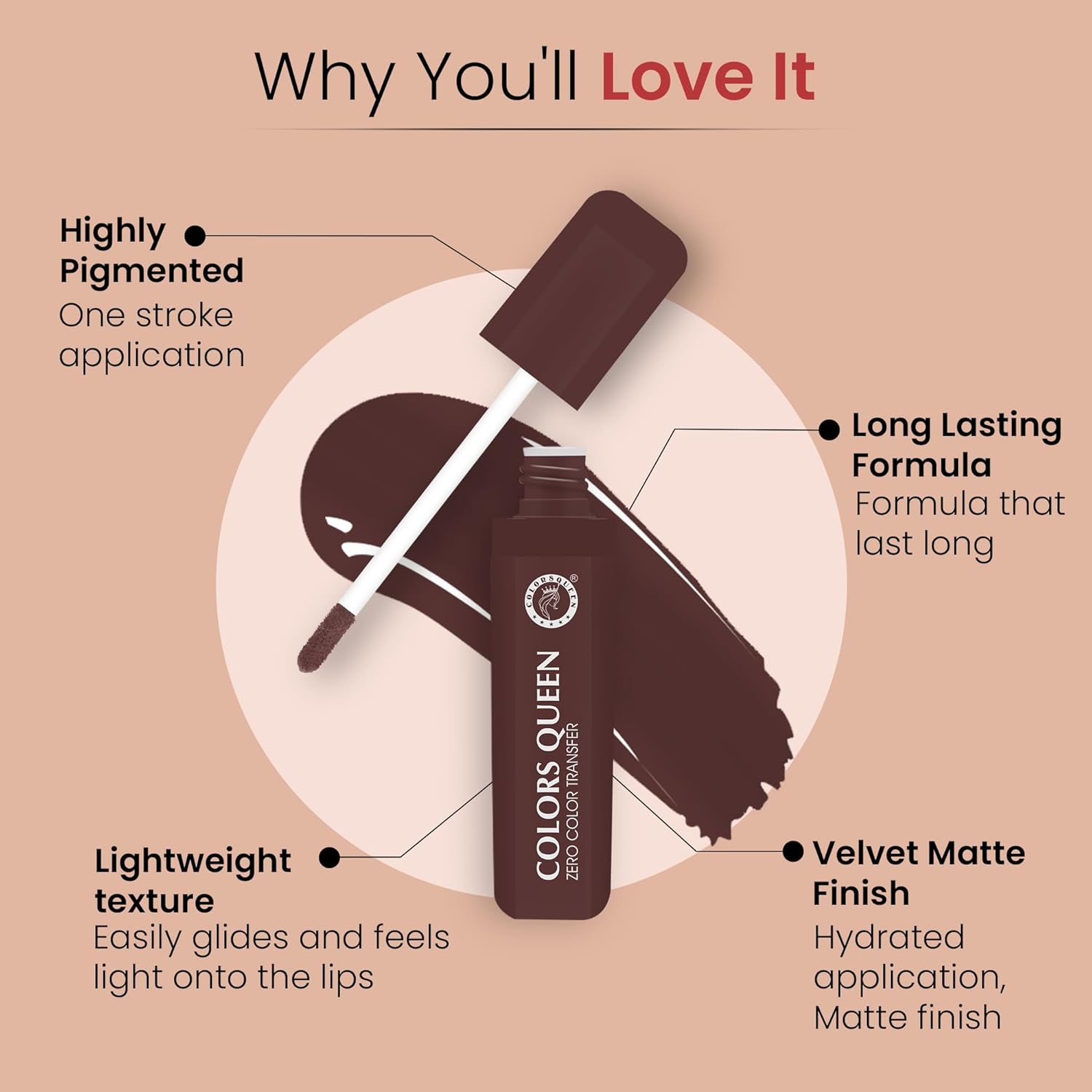 Colors Queen Zero Color Transfer Liquid Lipstick | Highly Pigmented, Long Lasting Liquid Lipstick Waterproof | Smooth One Swipe Application, Lightweight Matte Lipstick for Women (Sexy Coco, 8g) - View 4 of 4