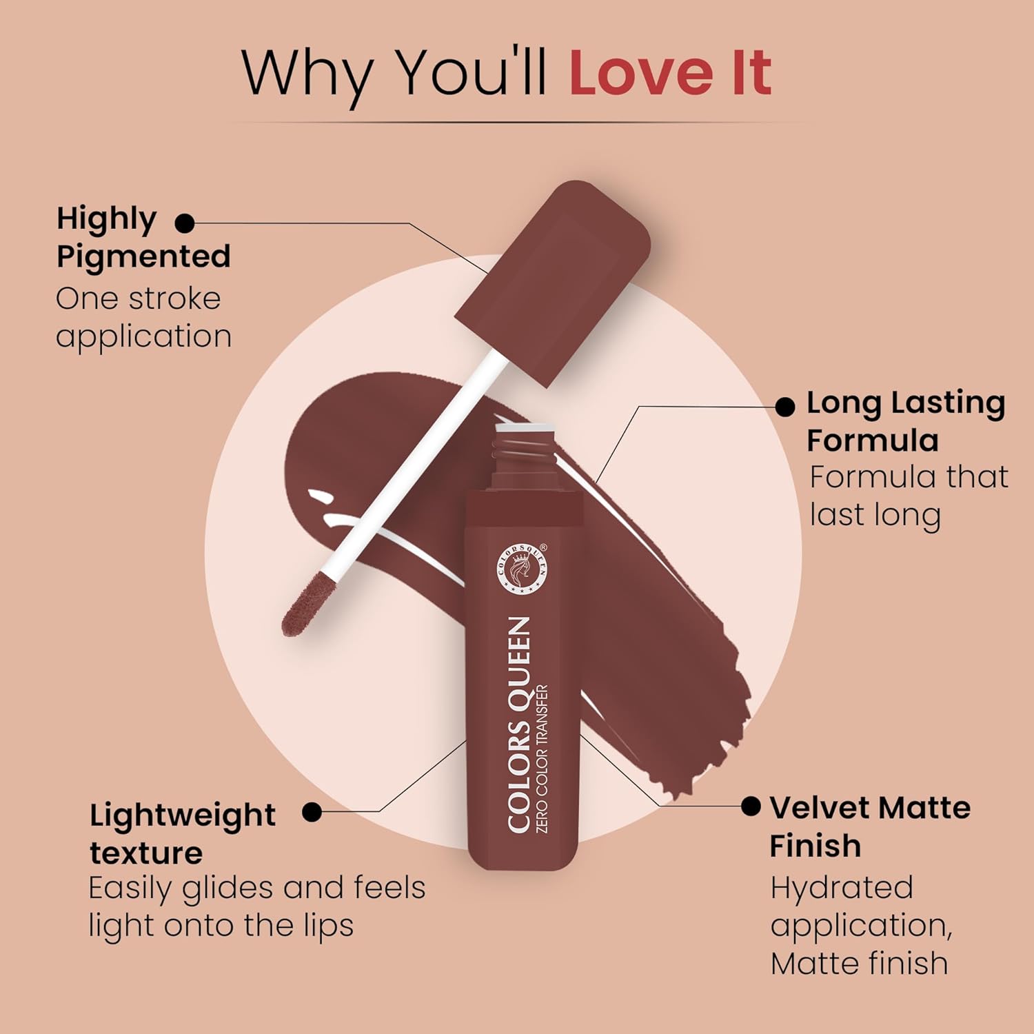 Colors Queen Zero Color Transfer Liquid Lipstick | Highly Pigmented, Long Lasting Liquid Lipstick Waterproof | Smooth One Swipe Application, Lightweight Matte Lipstick for Women (Dob Net, 8g) - View 4 of 4