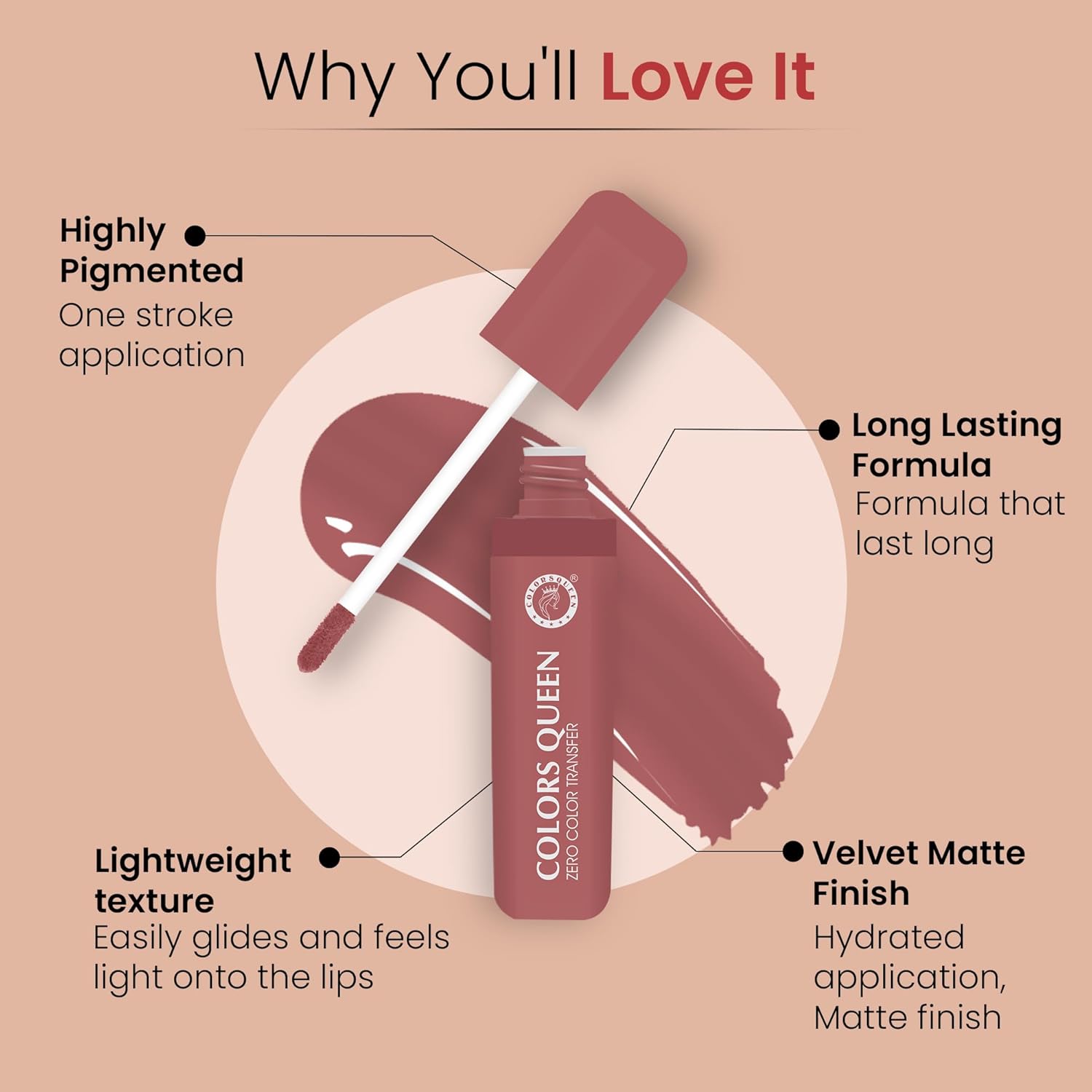 Queen Zero Color Transfer Liquid Lipstick | Highly Pigmented, Long Lasting Liquid Lipstick Waterproof | Smooth One Swipe Application, Lightweight Matte Lipstick for Women (Nude Frost, 8g) - View 4 of 4