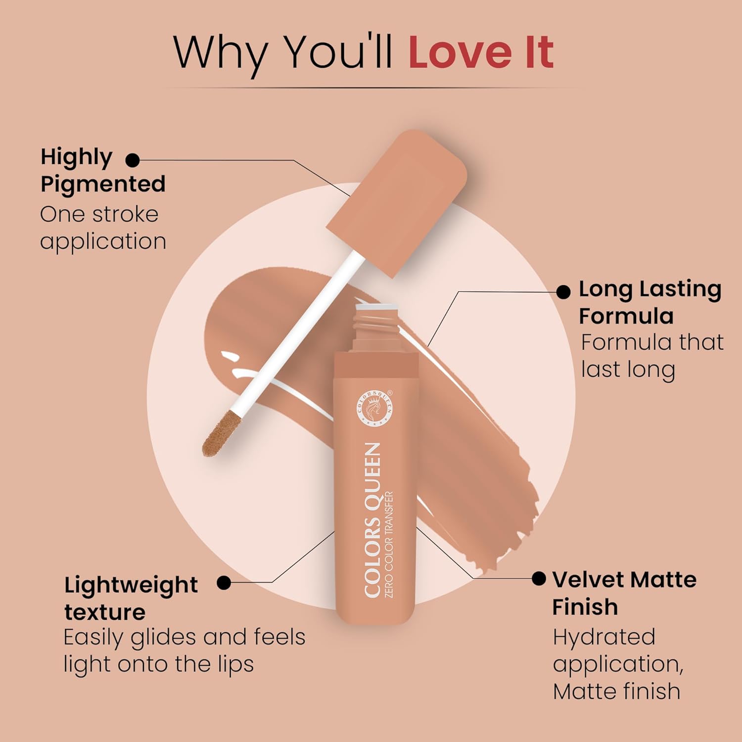 Colors Queen Zero Color Transfer Liquid Lipstick | Highly Pigmented, Long Lasting Liquid Lipstick Waterproof | Smooth One Swipe Application, Lightweight Matte Lipstick for Women (Nude Show, 8g) - View 4 of 4
