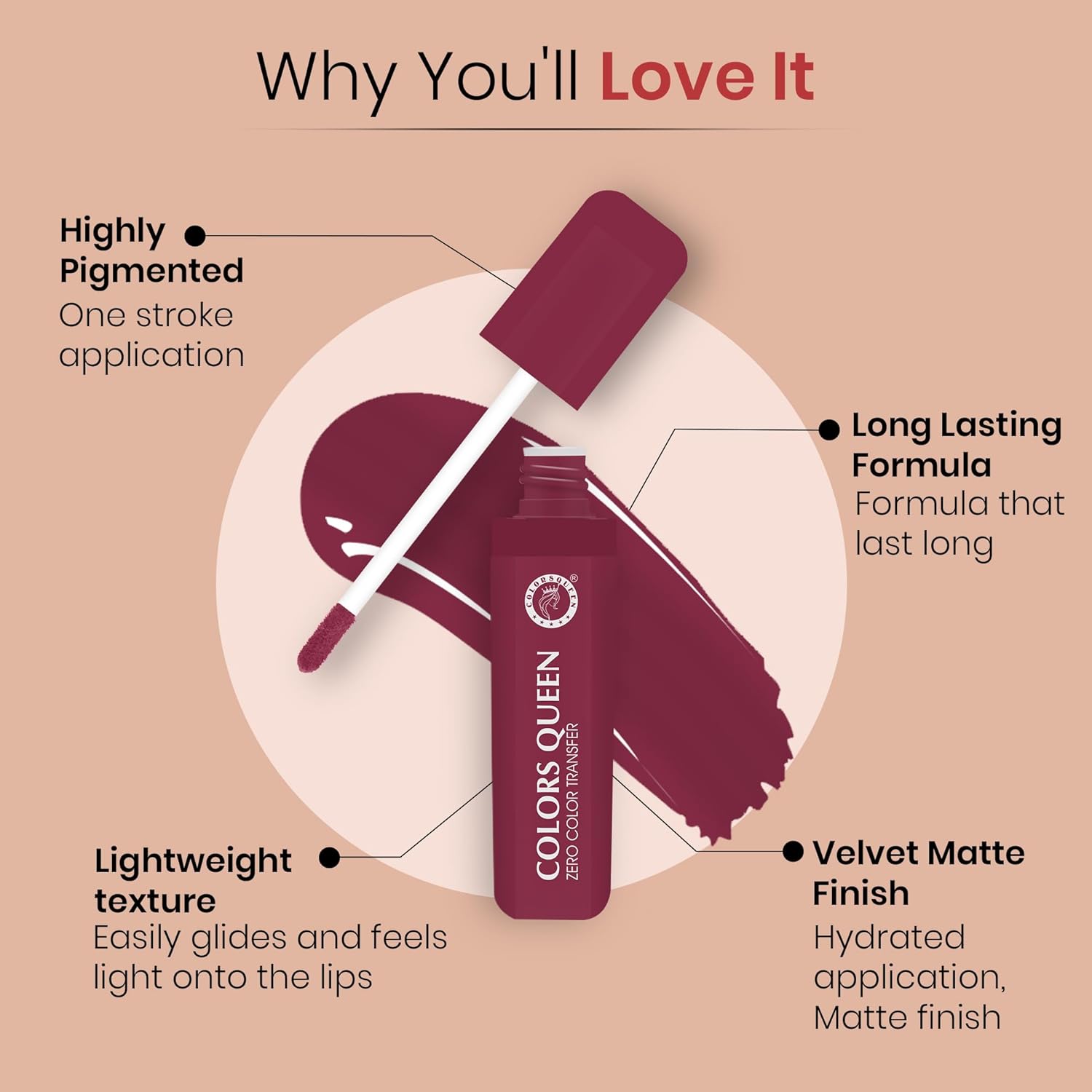 Colors Queen Zero Color Transfer Liquid Lipstick | Highly Pigmented, Long Lasting Liquid Lipstick Waterproof | Smooth One Swipe Application, Lightweight Matte Lipstick for Women (Paper Flower, 8g) - View 4 of 4