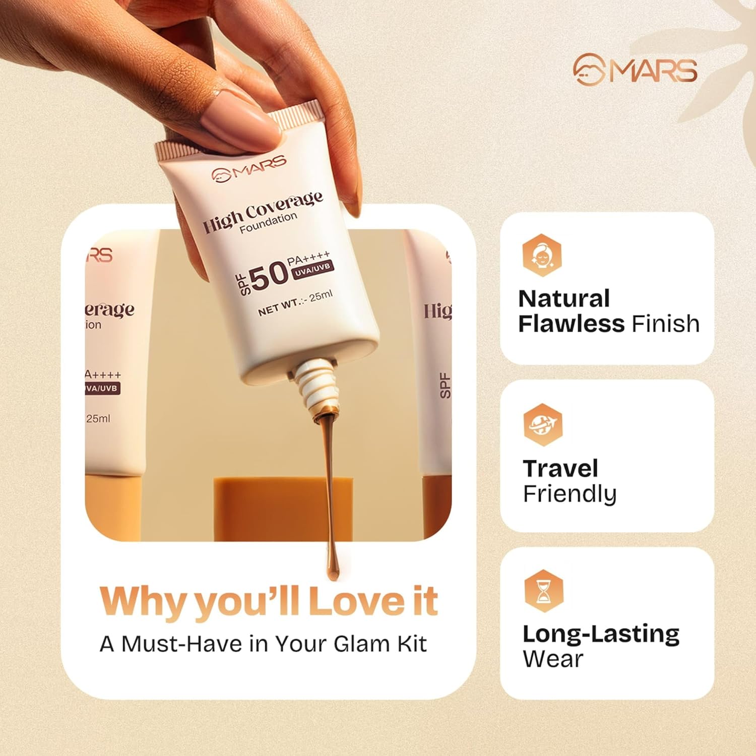 MARS SPF50 PA++++ High Coverage Foundation (25ml) (06-HONEY TAN) | Blemish Free & Blendable Makeup | For All Skin Type | IN-VIVO Tested with 5 Star UVA+UVB Protection Boots Rating - View 6 of 7