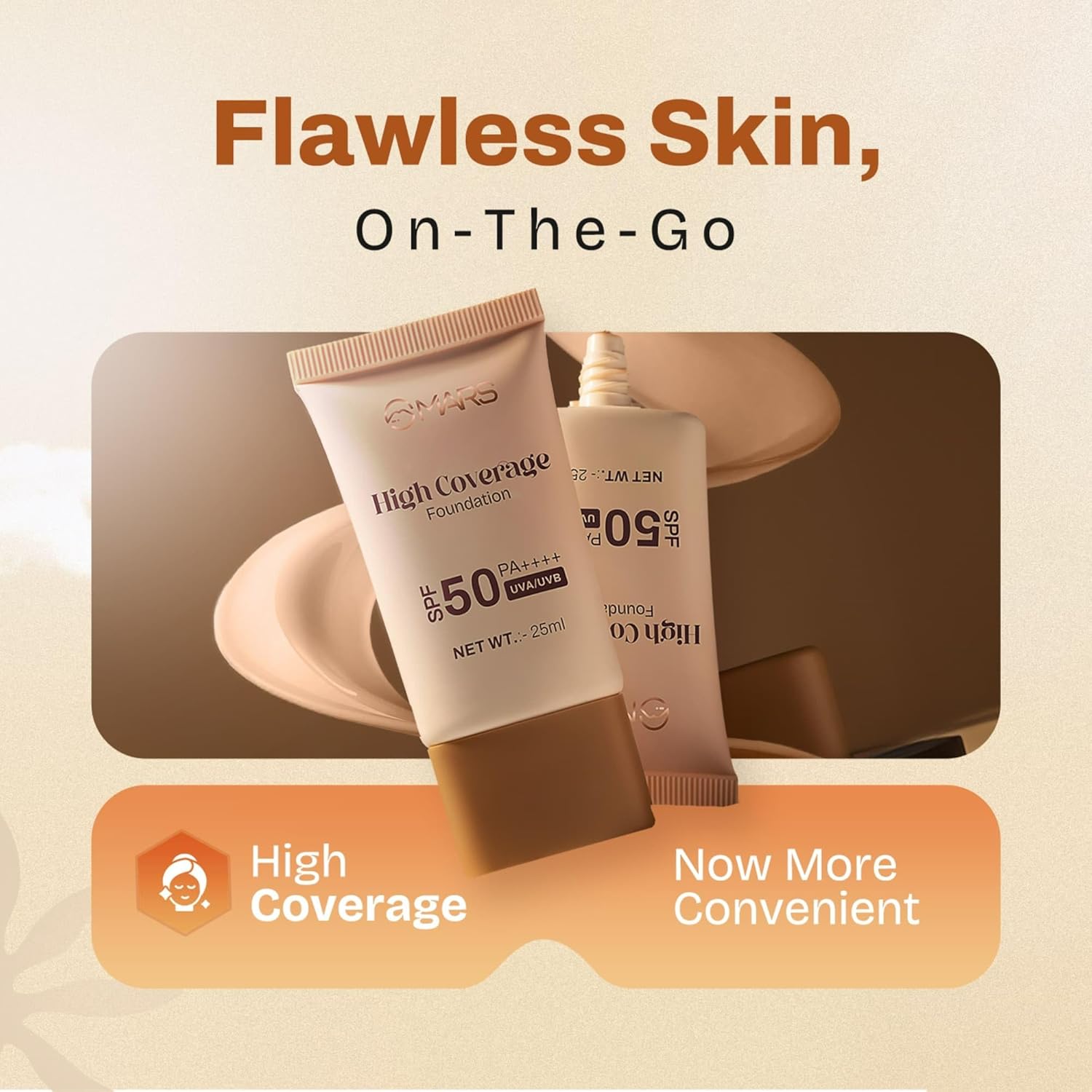 MARS SPF50 PA++++ High Coverage Foundation (25ml) (08-DEEP TAN) | Blemish Free & Blendable Makeup | For All Skin Type | IN-VIVO Tested with 5 Star UVA+UVB Protection Boots Rating - View 3 of 7