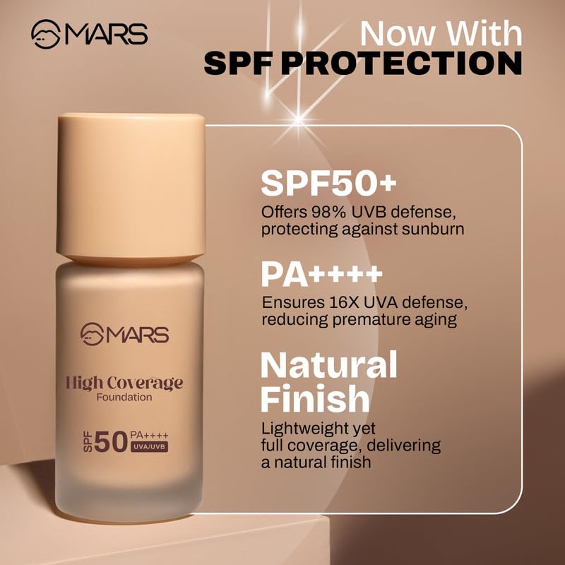 MARS SPF50 PA++++ High Coverage Foundation (40ml) | Blemish Free & Blendable Makeup | All Skin Type | IN-VIVO Tested with 5 Star UVA+UVB Protection Boots Rating (SHADE-08) - View 5 of 6