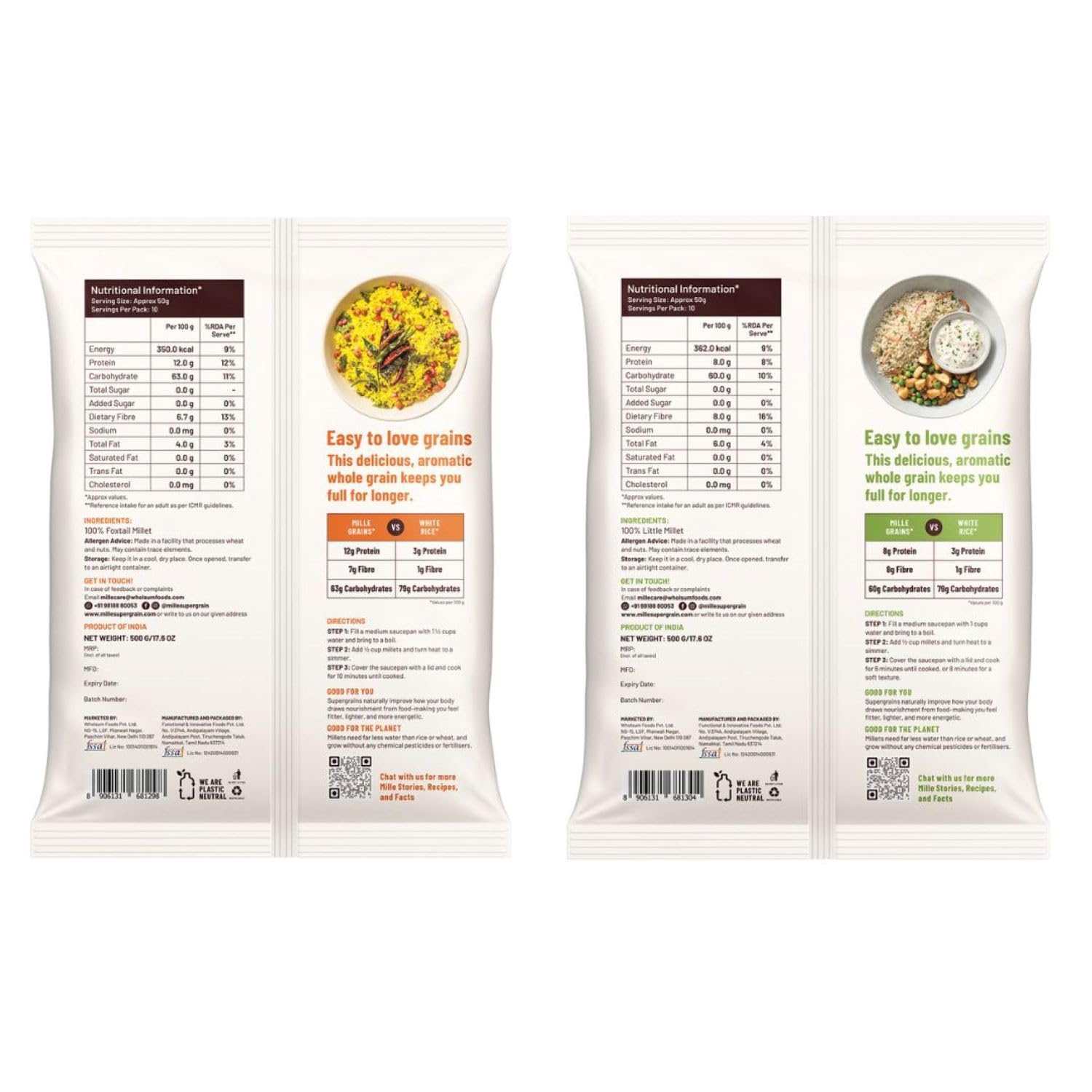 Mille Grains Combo | Foxtail, Little, Kodo and Barnyard Millet | Unpolished, Toasted, No Soaking Required | Ideal for Fasting | Rice Replacement | High Fibre and Plant Protein | Gluten Free | Cooks in 10 minutes, 500 g X 4 - View 5 of 7