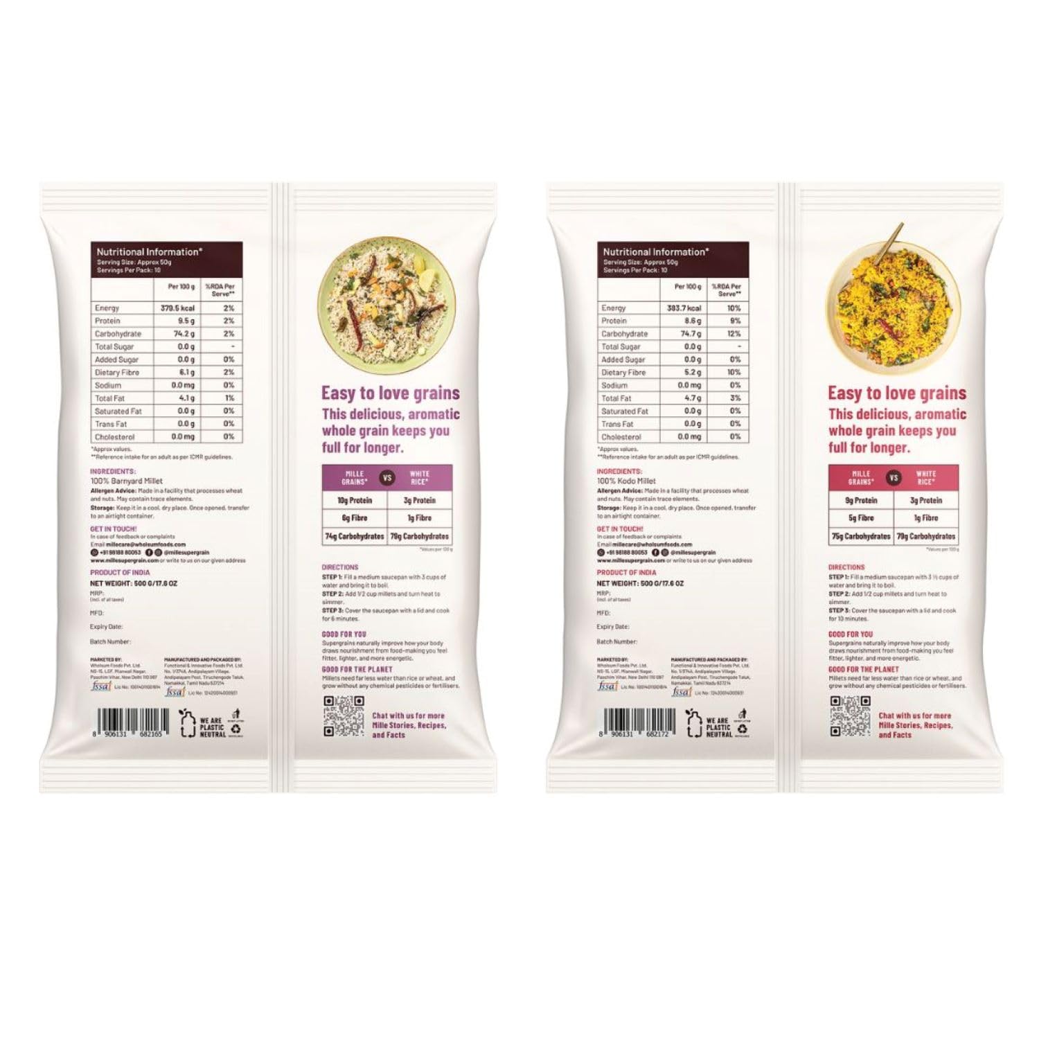 Mille Grains Combo | Foxtail, Little, Kodo and Barnyard Millet | Unpolished, Toasted, No Soaking Required | Ideal for Fasting | Rice Replacement | High Fibre and Plant Protein | Gluten Free | Cooks in 10 minutes, 500 g X 4 - View 6 of 7