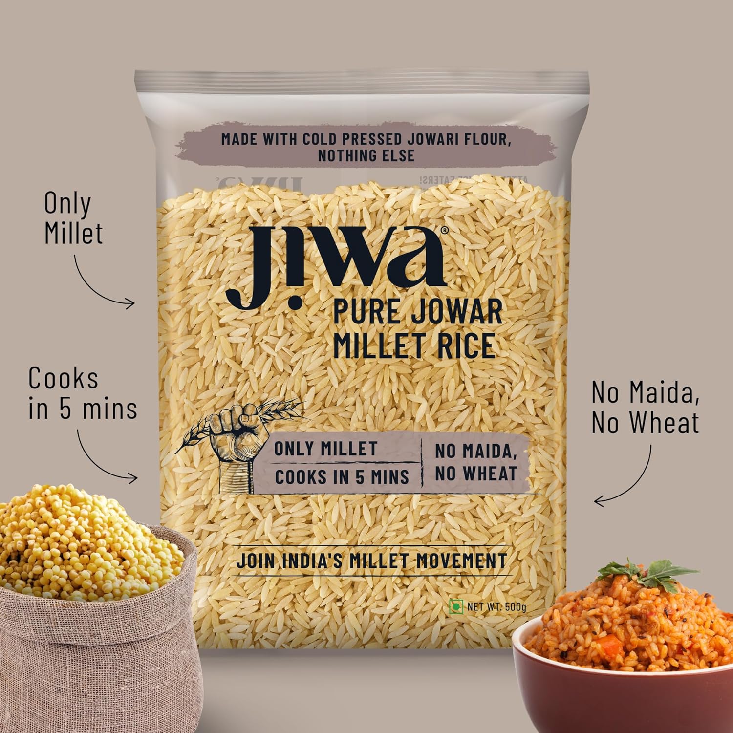 Jiwa Pure Jowar Millet Rice | 500 G | Cooks in 5 Minutes | Ready to Cook | 100% Millet | No Maida, No Atta | Gluten Free - View 4 of 5