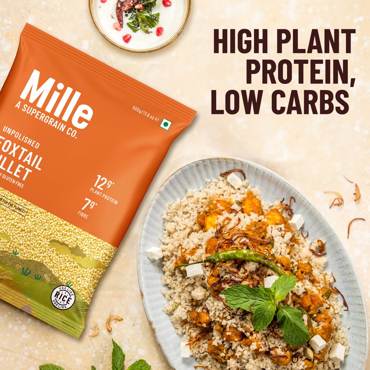 Mille Foxtail Millet Whole Grain | Certified Low GI | Kangni / Kakum /Navani / Korralu/ Korra / Thinai| Gluten Free | Unpolished, Toasted, No Soaking Required | High Plant Protein and Fibre | Rice Replacement | Vegan | 100% Whole Grain | 2 kg - View 5 of 7