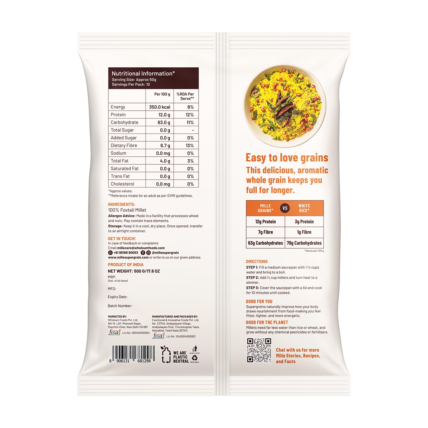 Mille Foxtail Millet Whole Grain | Certified Low GI | Kangni / Kakum /Navani / Korralu/ Korra / Thinai| Gluten Free | Unpolished, Toasted, No Soaking Required | High Plant Protein and Fibre | Rice Replacement | Vegan | 100% Whole Grain | 2 kg - View 7 of 7