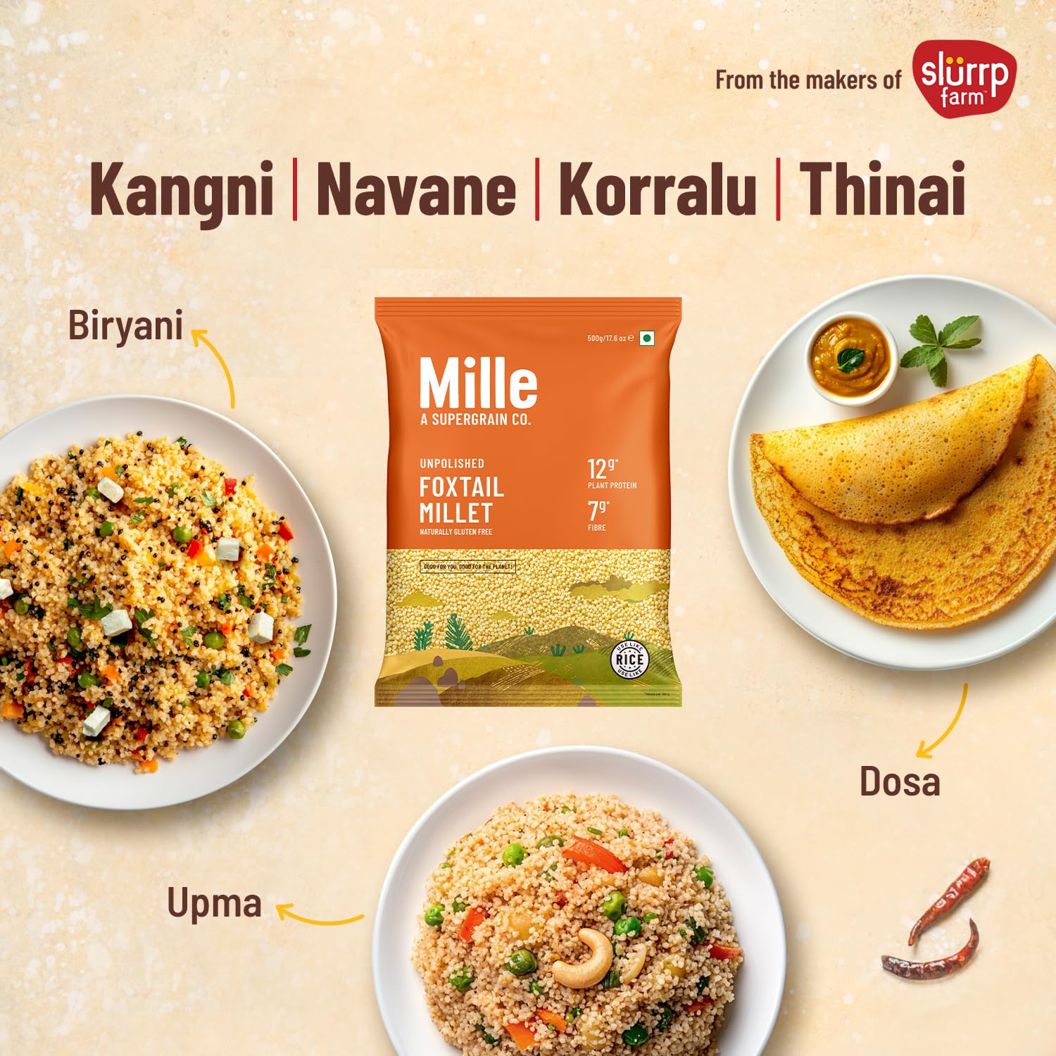 Mille Foxtail Millet Whole Grain | Certified Low GI | Rice Replacement | High Fibre and Plant Protein | Gluten Free | Cooks in 10 minutes | Can be used to cook Biryani, Lemon Puliyogare | Unpolished, Toasted, No Soaking Required | Kangni/Kakum/Navani/Korralu/Korra/Thinai, 500g - View 5 of 8