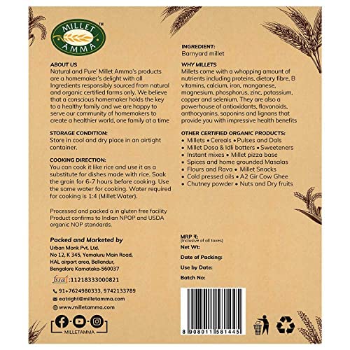 Millet Amma Unpolished CERTIFIED ORGANIC Barnyard Millet Grains| 1 Kg Pack | (Udalu | Kodisama | Khira | Swank | Kuthiraivally) Rich in Fibre Than Rice & Dietary Fibre,High Protein,Gluten Free | - View 3 of 3