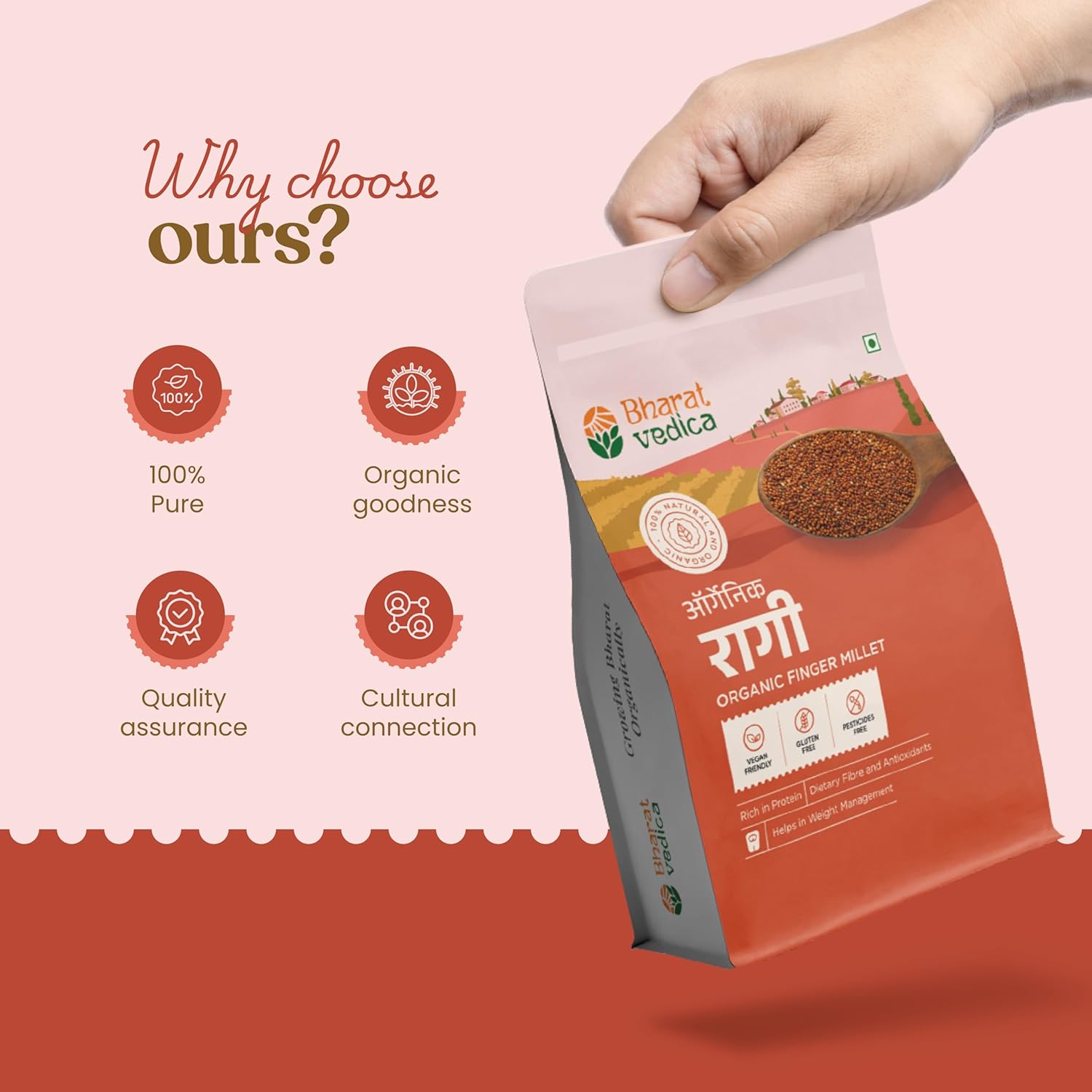 Bharat Vedica Organic Ragi (Finger) Millet 1kg | 100% Natural & Gluten Free | Rich in Fibre & Protein | Vegan Friendly | Whole Grain Ragi - View 2 of 5