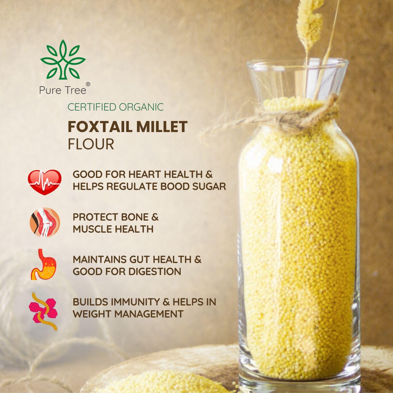 Pure Tree Certified Organic Foxtail Millet | 850 g | Kangni/Kakum/Korralu | Gluten-Free Unpolished MIllet Rich In Calcium High In Protein Korralu MIllet For Upma, Dosa, Rice - View 4 of 8