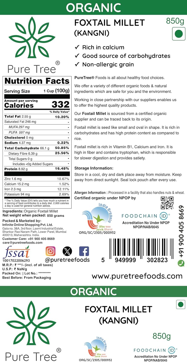 Pure Tree Certified Organic Foxtail Millet | 850 g | Kangni/Kakum/Korralu | Gluten-Free Unpolished MIllet Rich In Calcium High In Protein Korralu MIllet For Upma, Dosa, Rice - View 7 of 8