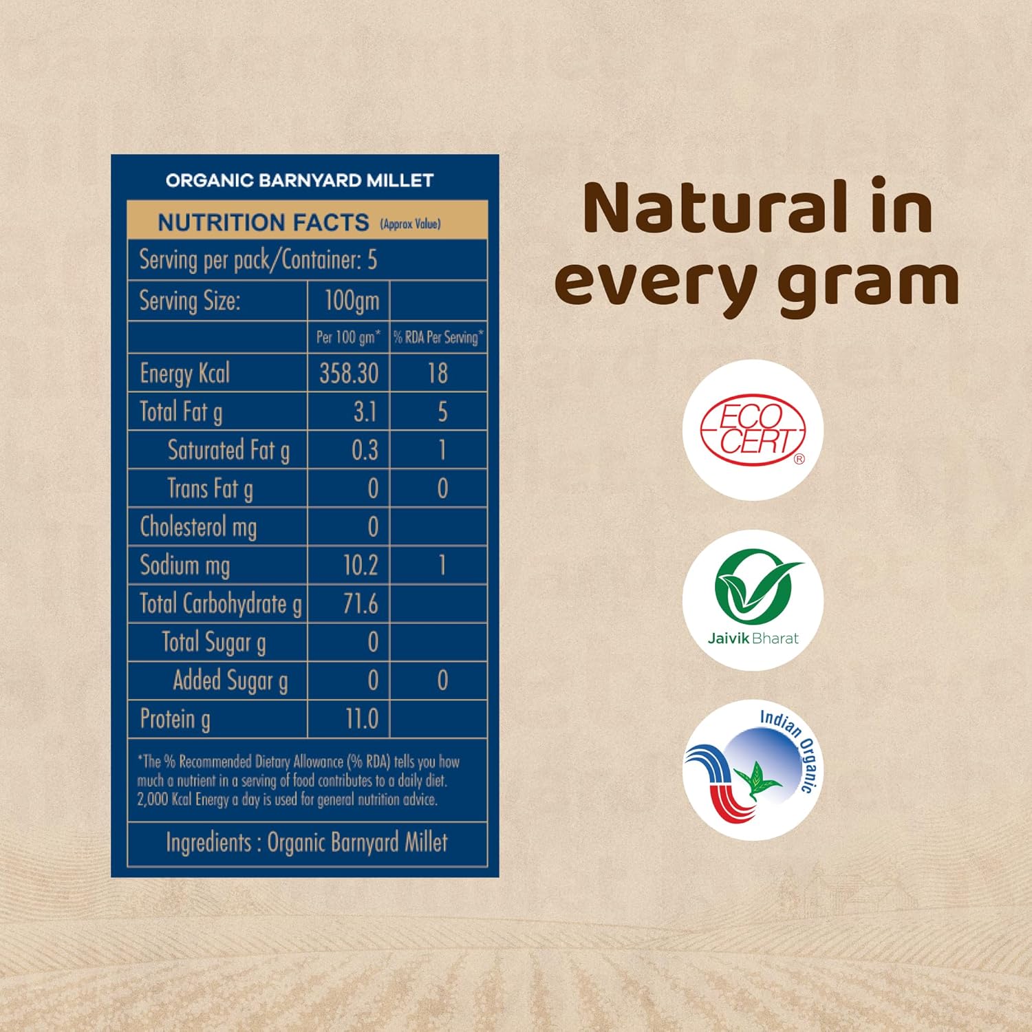 True Story Organic Barnyard Millet | 500g | Unpolished Samo, Sama, Samak Chawal | Pure, Chemical-Free Kuthiraivali | Non-GMO Jhangora Millet | Pesticide-Free Udalu, Oodalu Millet | 100% Certified Organic Kavadapullu - View 5 of 5