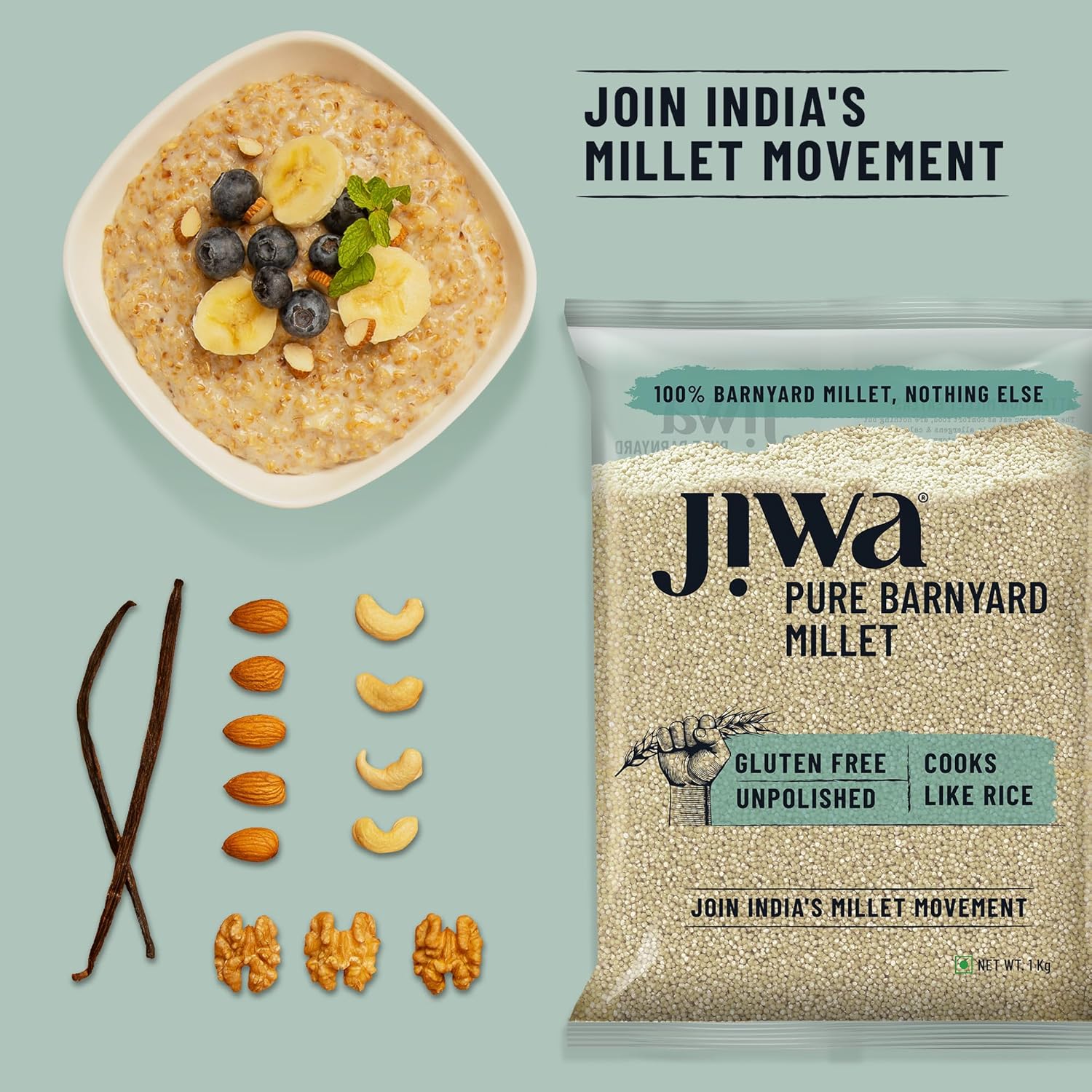 Jiwa Pure Barnyard Millet | 1 Kg | Unpolished | Cooks In 15 Minutes | Positive Millet | Sanva/Udalu/Bhagar/Kuthiraivally Seeds | Upwas, Farali, Vrat | Ancient Grain | Low GI | Gluten Free - View 3 of 6