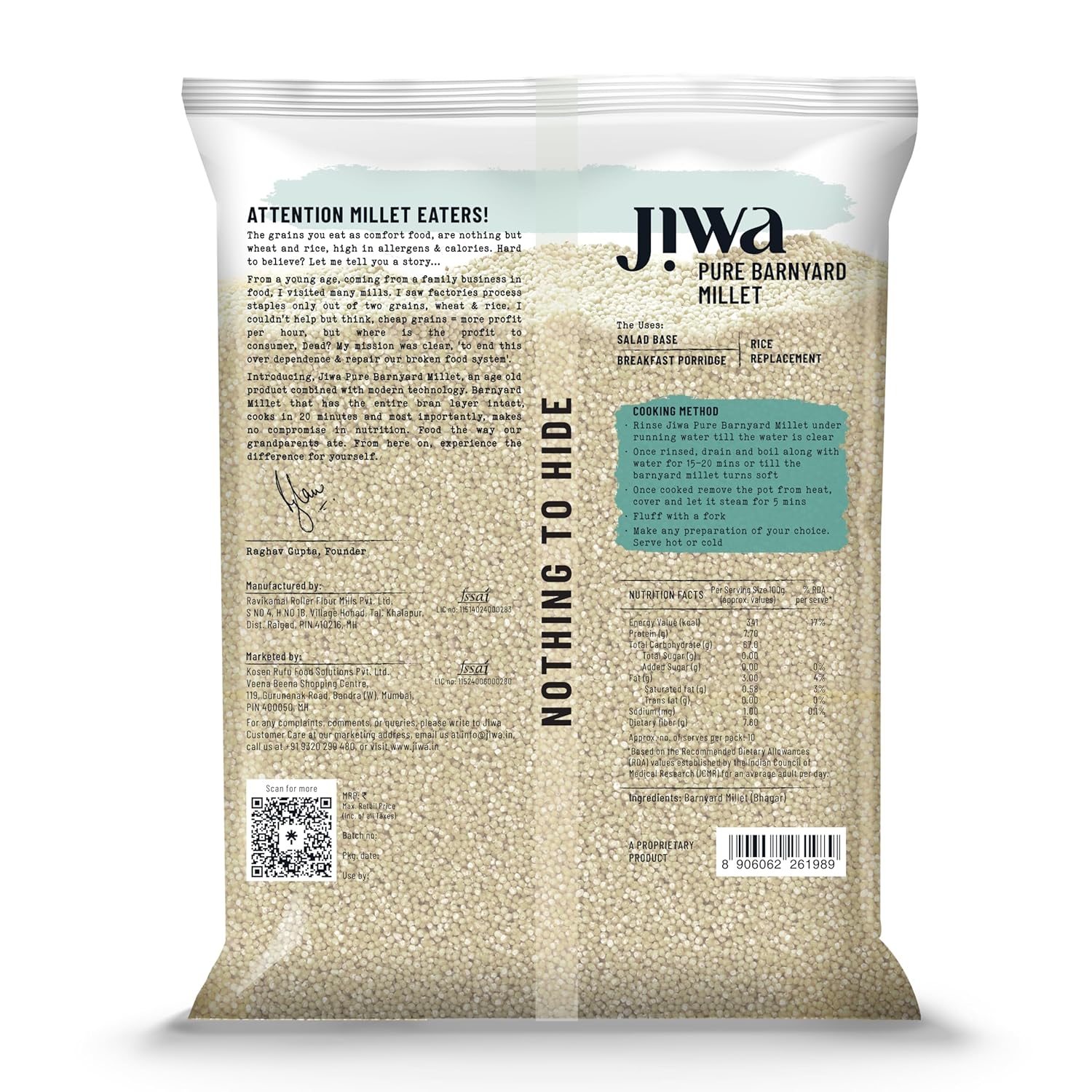 Jiwa Pure Barnyard Millet | 1 Kg | Unpolished | Cooks In 15 Minutes | Positive Millet | Sanva/Udalu/Bhagar/Kuthiraivally Seeds | Upwas, Farali, Vrat | Ancient Grain | Low GI | Gluten Free - View 5 of 6