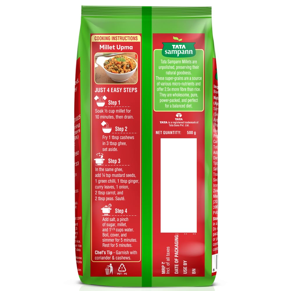 TATA Sampann Unpolished Barnyard Millet, 500g, Sanva/Kuthiraivali/Bhagar/Udalu, 2.5X More Fibre Than Rice, Naturally Gluten Free, Cooks like Rice - View 7 of 7