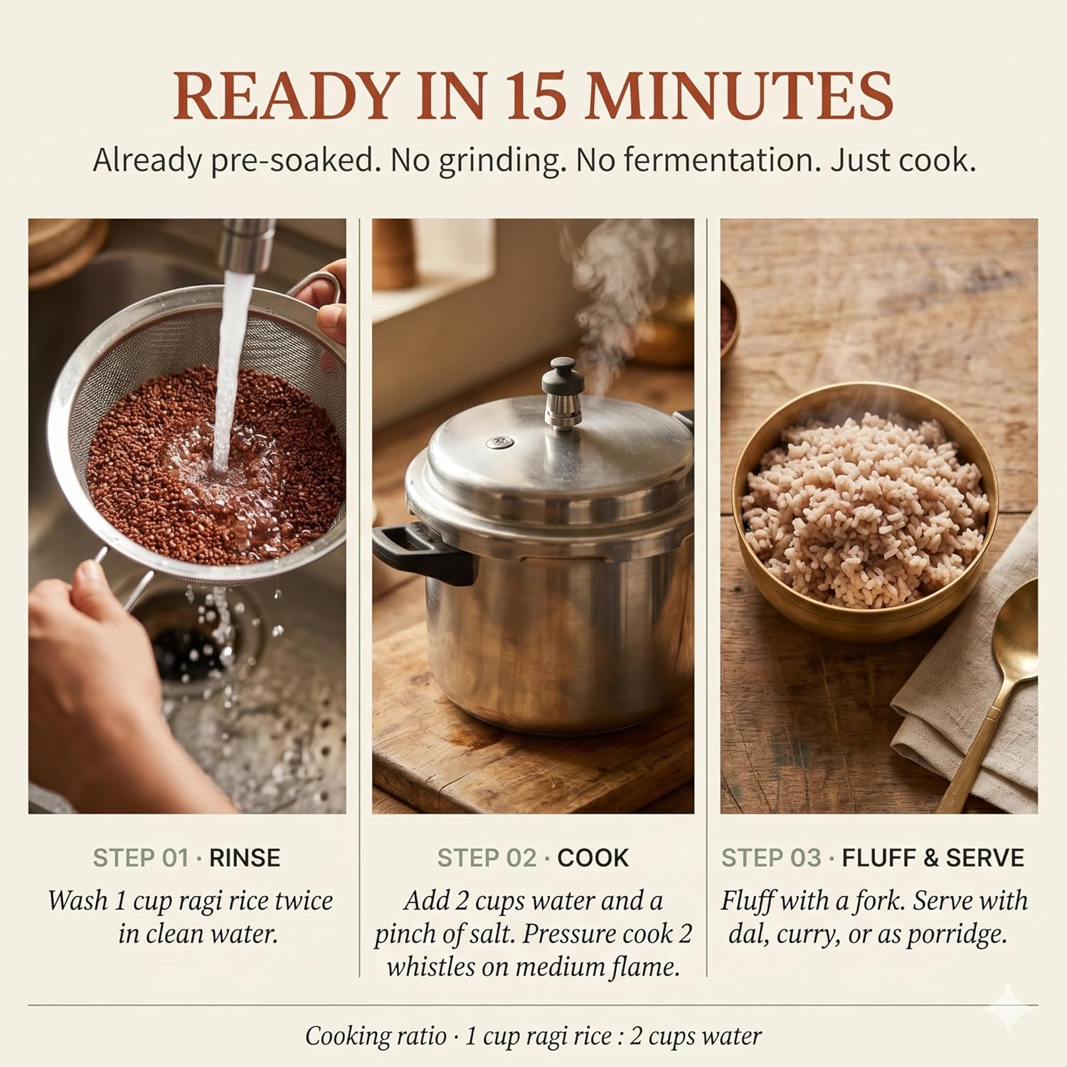 Krafted Millets Pre-Soaked & Steamed Ragi Rice (Nachni / Finger Millet) – 34x Calcium, 28x Fibre, 5x Iron vs White Rice | Gluten-Free, Low GI | Bone Health for Kids, Family & Elders | Cooks Like Rice in 15 Min (Pack of 1 × 380g) - View 3 of 5