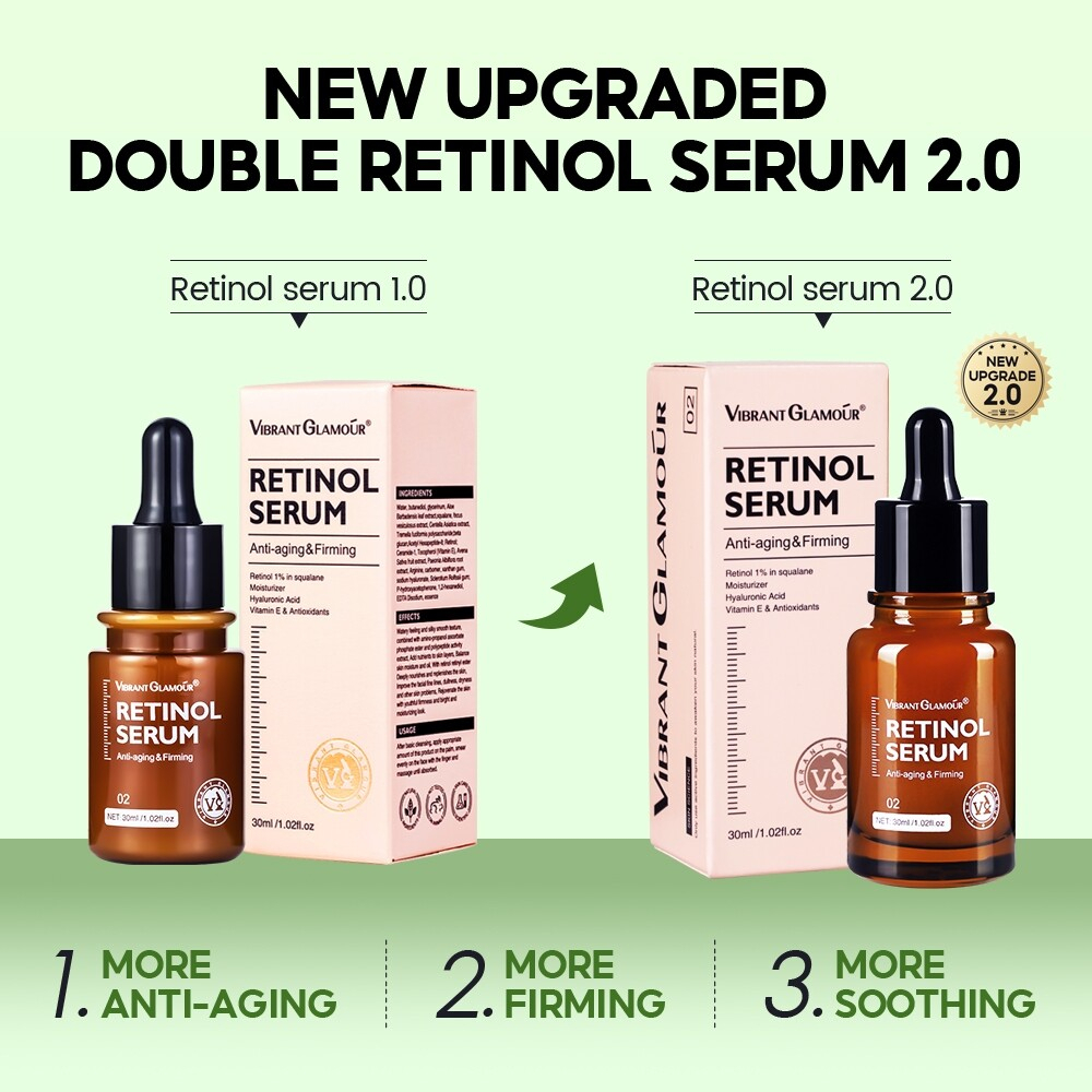 VIBRANT GLAMOUR Double Retinol Face Serum with Collagen, Anti-Aging Firming Essence, Helps Fade Dark Spots and Fine Lines, Moisturizing, Skin Tightening, Repairing Facial Treatment for Smoother Skin, 30ml - View 2 of 3
