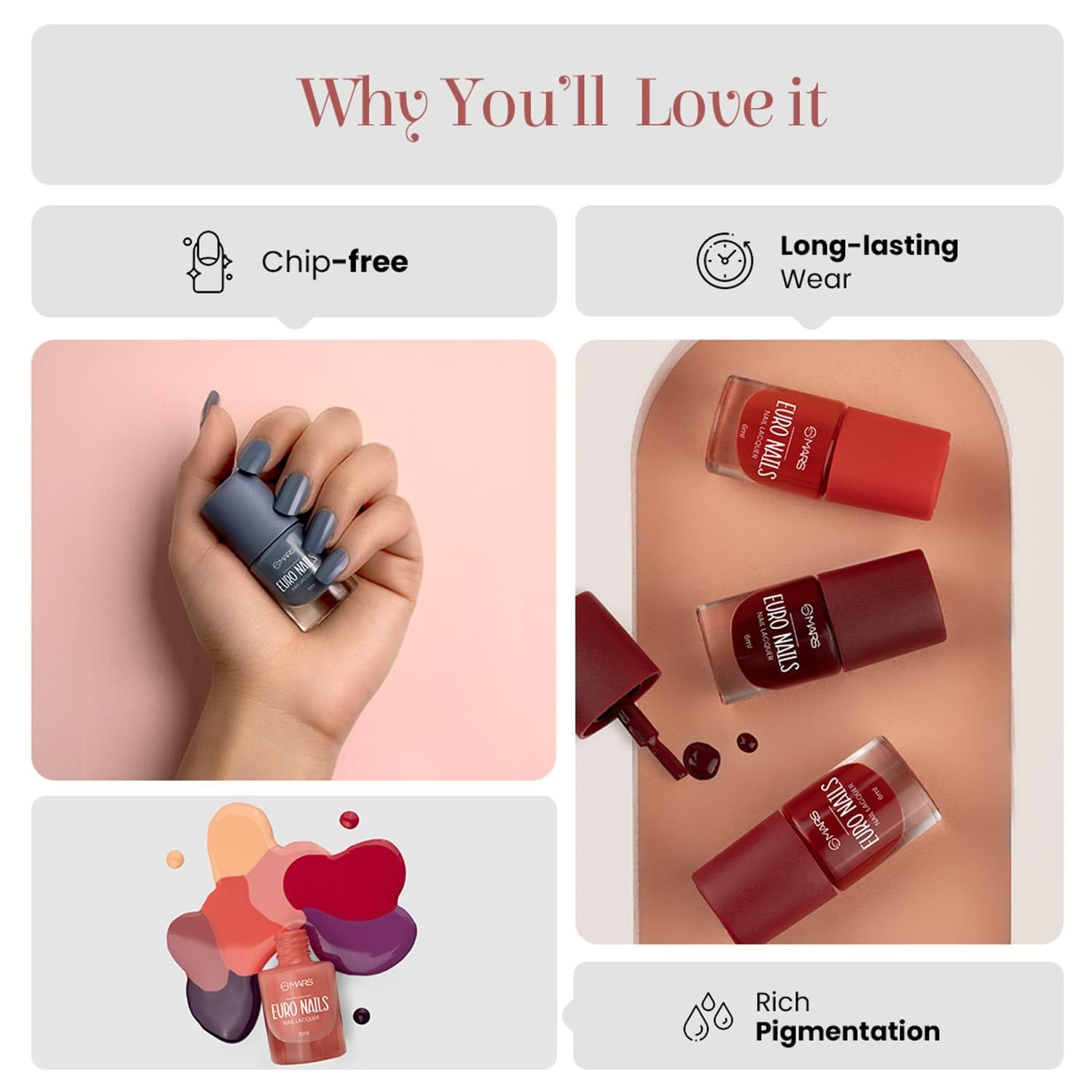 MARS EURO Nail Lacquer | Glossy Gel Finish | Rich Pigmentation | Chip Free | Quick Drying Formula | Long Lasting Nail Polish for Women | (6.0 ml) (Shade-39) - View 3 of 6